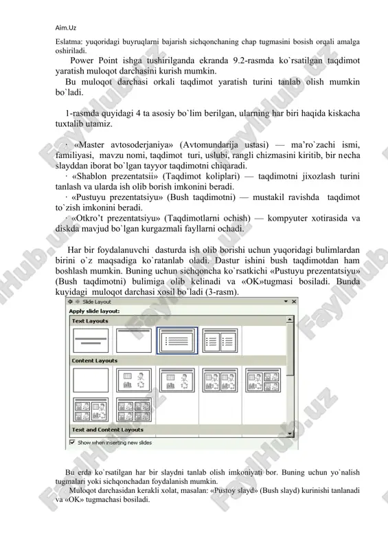 rish. bu dasturni ishga tushirishni windows ish stolidan boshlash zarur. ish stolidagi quyidagi buyruqlarni bajarish orqali dastur ishga tushiriladi: «pusk» — «programmo`» — «microsoft powerpoint» eslatma: yuqoridagi buyruqlarni bajarish sichqonchaning chap tugmasini bosish orqali amalga oshiriladi. power point ishga tushirilganda ekranda 9.2-rasmda ko`rsatilgan taqdimot yaratish muloqot darchasini kurish mumkin. bu muloqot darchasi orkali taqdimot yaratish turini tanlab olish mumkin bo`ladi. 1-rasmda quyidagi 4 ta asosiy bo`lim berilgan, ularning har biri haqida kiskacha tuxtalib utamiz. · «master avtosoderjaniya» (avtomundarija ustasi) — ma’ro`zachi ismi, familiyasi, mavzu nomi, taqdimot turi, uslubi, rangli chizmasini kiritib, bir necha slayddan iborat bo`lgan tayyor taqdimotni chiqaradi. · «shablon prezentatsii» (taqdimot koliplari) — taqdimotni jixozlash turini tanlash va ularda ish olib borish imkonini beradi. · «pustuyu prezentatsiyu» (bush taqdimotni) — mustakil ravishda taqdimot to`zish imkonini beradi. · «otkro’t prezentatsiyu» (taqdimotlarni ochish) — kompyuter xotirasida va diskda mavjud bo`lgan kurgazmali fayllarni ochadi. har bir foydalanuvchi dasturda ish olib borishi …