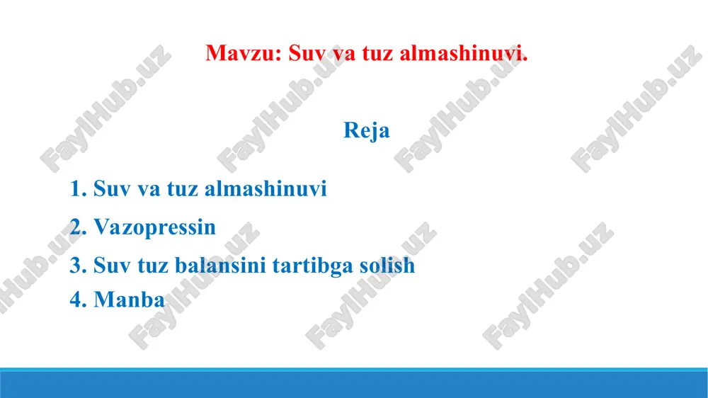 rtikos-teron va aldosteron) asosan natriy, kaliy va xlor ionlarini ushlanib qolishi va kaliy ionlarini siydik bilan chiqarilishini ta’minlaydi. ehtimol, buyrak kanalchalarida natriy va xlor ionlarini qayta so‘rilishi modda almashinuvini boshqa mahsulotlarini, xususan siydikchil chiqarish hisobiga sodir bo‘ladi. aldosteron molekulasida 13-uglerod atomida metil guruhi o'rniga aldegid guruhi bo‘lganligi sababli shu nomni olgan. aldosteron boshqa kortikosteroidlar orasida eng faol mineralokortikoiddir, xususan u mineral almashinuviga ta’sir etishi bo‘yicha dezoksikortikosterondan 50-100 barobar faoldir. 3. suv va tuz muvozabatini saqlash. suv-tuz muvozanatini saqlashda uchta bo'g'in ajralib turadi: suv va tuzlarning organizmga kirishi, hujayra ichidagi va hujayradan tashqari tizimlar o'rtasida qayta taqsimlanishi va tashqi muhitga chiqishi. natriy ionlari gomeostazni saqlashda yetakchi rol o'ynaydi, shuning uchun toqqa chiqishda siz bilan tuz olib borish juda zarur; tana kuniga 15-20 g gacha tuz olishi kerak. kaliy yetishmovchiligi mushaklar kuchsizligiga, yurak-qon tomir tizimi faoliyatining buzilishiga, aqliy va aqliy faoliyatning pasayishiga olib keladi suv tuz balansini tartibga solish suv-tuz balansini tartibga …
