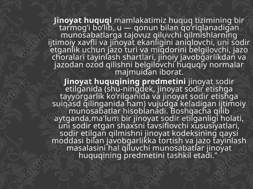 har bir huquq tarmoqlarining prinsiplari bo’lgani kabi jinoyat huquqining ham jinoyat huquqi normalarida mustahkamlab qo’yilgan, uning umumiy mazmunini belgilovchi prinsiplari mavjud bo’lib, ushbu prinsiplar jinoyat kodeksining 3-10- moddalarida o’z aksini topgan. jinoyat huquqi prinsiplari: qonuniylik; fuqarolarning qonun va sud oldida tengligi; demokratizm; insonparvarlik; odillik; ayb uchun javobgarlik; javobgarlikning muqarrarligi. jinoyat obyekti — jinoyat qonuni bilan qo’riqlanadigan va jinoyat sodir etish natijasida zarar yetkaziladigan yoki yetkazish xavfi ostiga qo’yiladigan ijtimoiy munosabatlardir. masalan, qasddan badanga shikast yetkazish jinoyatlarida jinoyatning obyekti shaxsning sog’ligi hisoblanadlfjinoyat obyekti bilan birgalikda jinoyat predmeti ham mavjud boiib, jinoyat predmeti deganda jinoyat obyektining ijtimoiy xavfli harakat tufayli bevosita tajovuzga uchraydigan elementi tushuniladi. masalan, o’g’rilik jinoyatida jinoyatning obyekti shaxsning mulki, shu mulkka bo’lgan huquqi bo’lsa, predmeti bevosita o’g’irlangan narsa, buyum, pul bo’lishi mumkin. jinoyat suyekti deganda jinoyatni sodir qilgan shaxs tushuniladi.ammo hamma vaqt ham jinoyatni sodir etgan shaxs jinoyat subyekti bo’la olmaydi. shaxs jinoyat subyekti hisoblanishi uchun jinoyat qonunida maium …