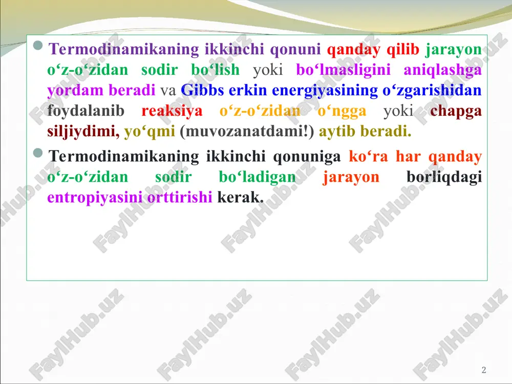 ali ish eng katta qiymatga ega: wmax = wmax + pdv umumiy holda maksimal foydali ish jarayonning qanday o’tkazilishiga bog’liq, u to’liq differentsial emas. ayrim sharoitlarda qaytar jarayonning maksimal foydali ishi yo’lga bog’liq bo’lmasdan, faqat sistemaning boshlang’ich va oxirgi holatiga bog’liqdir, ya’ni maksimal foydali ish jarayonda ma’lum holat funktsiyasining kamayishiga teng bo’ladi. ayirmasi maksimal foydali ishga teng bo’lgan bunday holat funktsiyalarini termodinamik potentsiallar deyiladi. ushbu funktsiyalarning ko’rinishi jarayonlarni amalga oshirish sharoitlariga bog’liq. termodinamikaning birinchi va ikkinchi qonunlaridan: q =tds = du+ wmax = du+wmax + pdv wmax= tds-du-pdv v va s=constda: wmax= -du; wmax= -u ya’ni ichki energiya izoxor-izoentropiya termodinamik potentsialdir. gibbs energiyasi. izolirlanmagan sistemada turg`un temperaturada boradigan jarayonlarda bu vazifani gibbs energiyasi (funksiyasi) va gelmgols energiyasi (funksiyasi) bajaradi (1960 yil). bu ikkala funksiya - 1960 yilgacha izotermik potentsiallar deb, gelmgols energiyasi - izoxorik potentsial yoki erkin energiya, gibbs energiyasi - izobarik potentsial yoki termodinamik potentsial deb yuritilardi. hozir xam …