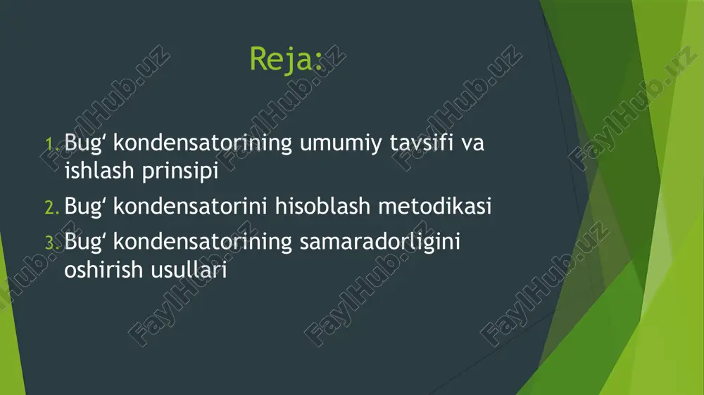qlik almashinuvi yuzasi katta bo‘lganligi sababli samaradorlik darajasi yuqori hisoblanadi. bug kondensatorlari energetika tizimlarida muhim rol o‘ynaydi. elektr stansiyalarida bug turbinalarida ʻ ʻ hosil bo‘lgan bug energiya ishlab chiqarish jarayonidan so‘ng kondensatorga yo‘naltiriladi. agar bug ʻ ʻ to‘g‘ridan-to‘g‘ri tashlab yuborilsa, energiya yo‘qotishlar juda katta bo‘ladi va tizimning umumiy samaradorligi pasayadi. shu sababli bug kondensatorlari yordamida bug dan ajralgan suv qayta ishlanadi ʻ ʻ va yana tizimga yuboriladi. bu nafaqat energiyani tejashga, balki suv resurslaridan samarali foydalanishga ham yordam beradi.kondensatsiya jarayoni kondensator ichidagi bosim va haroratga bog‘liq holda o‘zgaradi. agar bosim pasaytirilsa, bug ning kondensatsiyalanish harorati ham kamayadi, bu ʻ esa energetik samaradorlikni oshirishga yordam beradi. shu sababli, zamonaviy bug kondensatorlarida ʻ vakuum hosil qilish tizimlari qo‘llanadi. bu tizimlar kondensator ichidagi bosimni pasaytirib, bug ning ʻ tezroq kondensatsiyalanishini ta’minlaydi. kondensatorning samaradorligi uning issiqlik almashinuvi yuzasi, ishlatilayotgan materiallar va sovutish tizimi bilan bog‘liq. agar kondensatorning issiqlik almashinuvi yuzasi katta bo‘lsa, bug tezroq …
