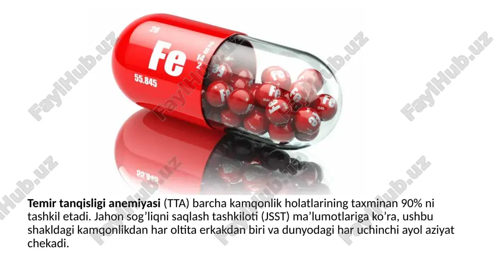 tik, sideroblastik, tralasmiya); • miyelodplastik sindrom; • o'tkir miyeloladlistik yoki limfoblastik leykemiya; • qo'rg'oshin zaharlanish; • gemoxromat yoki gemosideroz; • o'tkir va surunkali jigar kasalliklari; • neoplazms (ko'krak bezi saratoni, buyrak saratoni, malign limfoma, xodgkin kasalligi); • gipertiroidizm; • buyuk buyrak etishmovchiligi. eritropoetik suyak iligi faoliyatiga qarab, temir tanqisligi kamqonlikning regenerativ va gipegenator bosqichi obro'si bilan ajralib turadi va laboratoriya ko'rsatkichlari - temir tanqisligi anemiyasining uchta jiddiyligi darajasi: yengil - gemoglobin 90 g / l dan ko'proq; o'rtacha - gemoglobin 70-90 g / l; og'ir - gemoglobin 70 g / l dan kam bo'lgan. kasallikning turli yosh guruhlarida tarqalishi chastotasi (%) ttk kasalligi alomatlari kattalar bolalar yoshlar • mushaklar zaifligi ++ ++ - • bosh og'rig'i + - + • xotiraning buzilishi ++ - ± bosh aylanishi + - + qisqa semirish + - ± arterial gipotenziya ++ ± - • taxikardiya ++ - - qattiq charchash ++ + ++ …