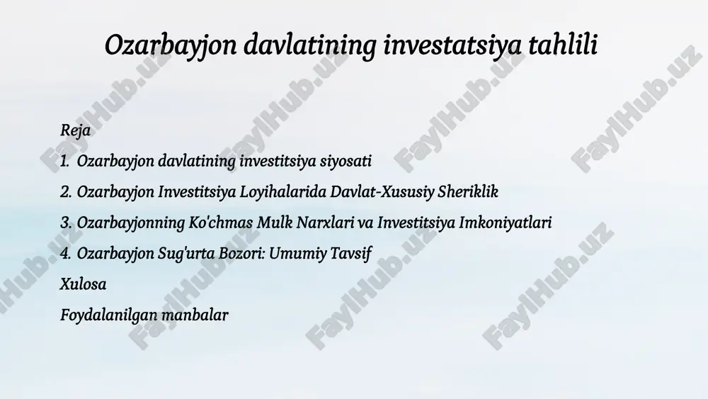 ra dengiz va xazar dengizining asosiy savdo markazi sifatida qarashga imkon beradi. ozarbayjon iqtisodiyotining asosiy yo'nalishlari ozarbayjon iqtisodiyotining asosiy yo'nalishlari - energiya, neft va gaz, turizm, qishloq xo'jaligi, metallurgiya va qayta ishlash. ushbu tarmoqlar davlat iqtisodiyotining muhim qismini tashkil qiladi. 1 energetika ozarbayjonning boy neft va gaz zaxiralari energiya sohasini muhim iqtisodiy yo'nalishga aylantiradi. 2 turizm ozarbayjonning boy madaniy merosi va go'zal tabiat manzaralari uni turizm rivojlanishi uchun jozibador joyga aylantiradi. 3 qishloq xo'jaligi ozarbayjonning serhosil tuprog'i va iqlim sharoiti qishloq xo'jaligini muhim iqtisodiy yo'nalishga aylantiradi. ozarbayjon xorijiy investitsiyalar uchun jozibador ozarbayjonning iqtisodiy rivojlanishga intilishi va investitsiya muhiti xorijiy investorlar uchun jozibador bo'lib, ular uchun keng imkoniyatlar yaratadi. iqtisodiy islohotlar, qulay investitsiya siyosati va davlat yordami xorijiy sarmoyalarni jalb qilishga yo'naltirilgan. stabil siyosat ozarbayjon siyosiy barqarorligi va xavfsizligi investitsiyalar uchun muhim omil hisoblanadi. iqtisodiy islohotlar iqtisodiy islohotlar biznes muhitini yaxshilash va investitsiyalarni rag'batlantirishga qaratilgan. qulay investitsiya siyosati ozarbayjon investorlar uchun …