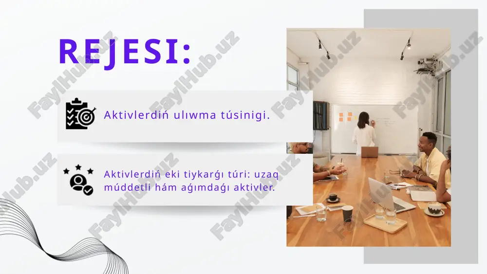 i tómenletiwi múmkin. basqarıw strategiyası : kárxana uzaq múddetli aktivler hám aǵımdaǵı aktivler arasındaǵı balanstı támiyinlewi kerek. bul turaqlı ósiw hám qısqa múddetli finanslıq mútajliklerdi teń salmaqlı boliwinda járdem beredi. kárxananıń nátiyjeli iskerligi ushın hár eki aktiv túri bir-birin tolıqtırıwı kerek. finanslıq analiz arqalı aktivler strukturasın turaqlı qadaǵalaw etip barıw zárúr. strategiyalıq investitsiyalar uzaq múddetli aktivlerdi bekkemlewde, aqılǵa say rezervler basqarıwı bolsa aǵımdaǵı aktivlerdiń natiyjeliligin asırıwda zárúrli bolıp tabıladı. uliwma juwmaqlar : solay etip, uzaq múddetli hám aǵımdaǵı aktivler kárxananıń qısqa hám uzaq múddetli maqsetlerine erisiw ushın birgelikte qollanıladıgen zárúrli finanslıq qurallar bolıp tabıladı. diqqattiniz ushin raxmet! image1.png image2.png image3.png image4.png image5.jpeg image6.png image7.png image8.png image9.jpeg image10.jpeg image11.png image12.png image13.png image14.png image15.png image16.png image17.png image18.png image19.png image20.png image21.png