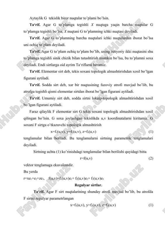 da (*) shart [fu,fv](0 shartga teng kuchlidir. agar yuqoridagi ta‘rifda k=1 bo’lsa, f sirtni sillik sirt deyiladi. aytaylik f sillik sirt (1) ko’rinishdagi parametrik tenglamalar bilan berilgan bo’lsin. agar r(x0,y0, z0) nuqtada (0 shart bajarilsa f sirtni bu nuqta atrofida z=f(x,y) (2) ko’rinishdagi tenglama bilan berish mumkin. adabiyotlar 1. александров а.д., нецветаев н.ю. геометрия. м.,наука,1990. 2. нарманов а.я. дифференциал геометрия. т. университет, 2003 3. погорелов а.в. дифференциальная геометрия. м.,1974. 4. нарманов а.я. ва бошқалар. умумий топологиядан машқ ва масалалар тўплами. т.университет, 1996. 5. сборник задач по дифференциальной геометрии. под ред. феденко а.с. м., 1979. 6.бакельман и.я., вернер а.л., кантор б.е. введение в дифференциальную геометрию в целом. м., наука, 1973. 7. собиров м.а., юсупов а.е. дифференциал геометрия курси. т., ўқитувчи, 1965. 8. мищенко а.с., фоменко а.т. курс дифференциальной геометрии и топологии. м.,изд. мгу,1980 9. архангельский п.с, пономарев в.и. общая топология в задачах и упражнениях. м. наука, 1974. 10.www.a-geometry.narod.ru 2 3 2 …