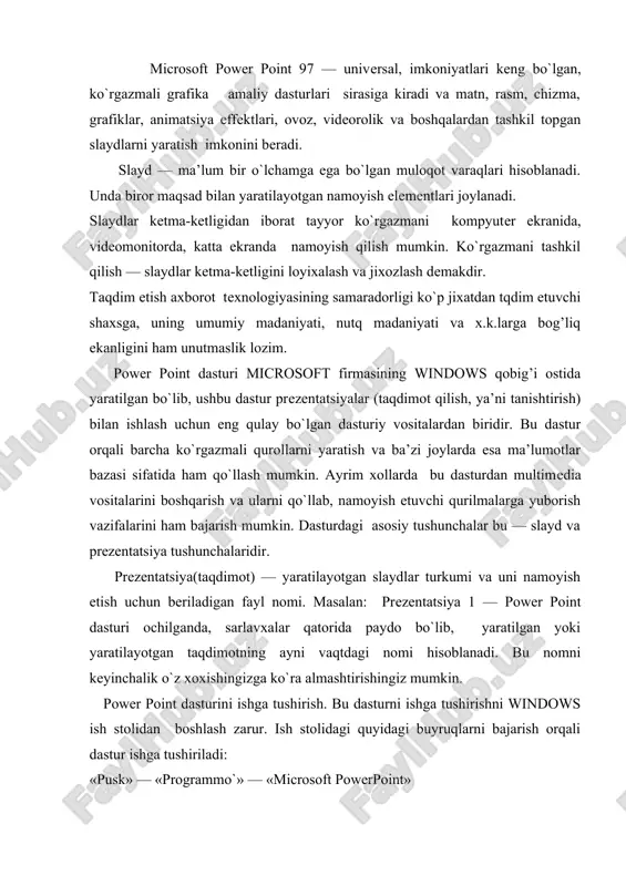 point dasturini ishga tushirish. bu dasturni ishga tushirishni windows ish stolidan boshlash zarur. ish stolidagi quyidagi buyruqlarni bajarish orqali dastur ishga tushiriladi: «pusk» — «programmo`» — «microsoft powerpoint» eslatma: yuqoridagi buyruqlarni bajarish sichqonchaning chap tugmasini bosish orqali amalga oshiriladi. power point ishga tushirilganda ekranda 9.2-rasmda ko`rsatilgan taqdimot yaratish muloqot darchasini kurish mumkin. bu muloqot darchasi orkali taqdimot yaratish turini tanlab olish mumkin bo`ladi. 1-rasmda quyidagi 4 ta asosiy bo`lim bеrilgan, ularning har biri haqida kiskacha tuxtalib utamiz. · «mastеr avtosodеrjaniya» (avtomundarija ustasi) — ma’ro`zachi ismi, familiyasi, mavzu nomi, taqdimot turi, uslubi, rangli chizmasini kiritib, bir nеcha slayddan iborat bo`lgan tayyor taqdimotni chiqaradi. · «shablon prеzеntatsii» (taqdimot koliplari) — taqdimotni jixozlash turini tanlash va ularda ish olib borish imkonini bеradi. · «pustuyu prеzеntatsiyu» (bush taqdimotni) — mustakil ravishda taqdimot to`zish imkonini bеradi. · «otkro’t prеzеntatsiyu» (taqdimotlarni ochish) — kompyutеr xotirasida va diskda mavjud bo`lgan kurgazmali fayllarni ochadi. har bir foydalanuvchi dasturda …