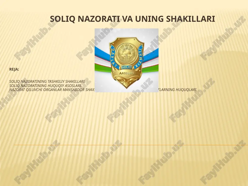 iluvchi organlar faoliyatini muvofiqlashti-ruvchi respublika kengashi, tuman va shaharlar hududiy komissiya-lari nazorat qiluvchi organlar va ular hududiy bo'linmalari tomo-nidan tadbirkorlik sub'ektlari faoliyatini nazoratini tashkil etadilar. bunda ular o'zbekiston respublikasi soliq kodeksi, «xo'jalik sub'ektlari faoliyatining davlat nazorati to'g'risi-da»gi qonunga "davlat soliq xizmati to'g'risida"gi, "tadbirkor-lik faoliyati erkinliklari to'g'risida"gi o'zr qonunlariga, «mud-datida to'lanmagan soliqlar va boshqa majburiy to'lovlarni un-dirish to'g'risida»gi qonunlar, o'zr prezidentining 1996 yil 8-avgustdagi "tekshirishlarni tartibga solish va nazorat qiluvchi organlar faoliyati muvofiqlashtirishni takomillashtirish to'g'ri-si"gi pf-1503 son, 1998 yil 19-noyabrdagi "xo'jalik yurituvchi sub'ektlami tekshirishni tashkil qilishni tartibga solish to'g'-risida"gi pf-2114 son, 2005 yil 14-iyundagi "tadbirkorlik sub'ekt-larini huquqiy himoya qilish tizimini yanada takomillashtirish chora-tadbirlari to'g'risida"gi pf-3365- son farmonlariga, 2006 yil 16 maydagi "nazorat qiluvchi organlar tomonidan o'tkazila-digan, tadbirkorlik sub'ektlari yuridik shaxslar fao-liyatini tekshirishlarni muvofiqlashtirish tartibi to'g'risida"gi nizom va boshqa xo'jalik yurituvchi sub'ektlar faoliyatini tekshirishni tartibga solish masalalariga doir boshqa qonun hujjatlariga, me'yoriy va qonun hujjatlariga muvofiq amalga oshiradi. soliq intizomini mustahkamlash, soliq …