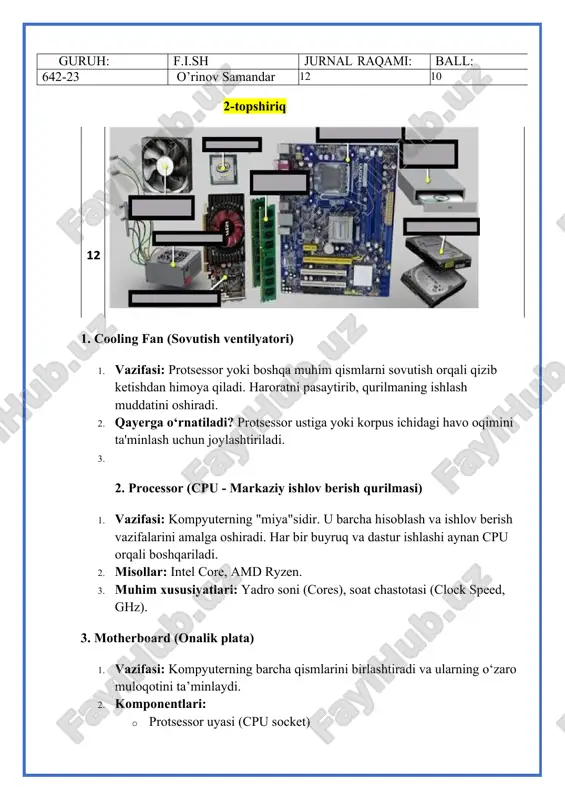 lari, vram hajmi. 6. power supply unit (psu - elektr ta’minoti bloki) 1. vazifasi: kompyuterning barcha qismlariga kerakli kuchlanishni ta’minlaydi. elektr quvvati tarmoqqa ulanish orqali ishlaydi. 2. muhim xususiyatlari: · quvvat (watt) · energiya samaradorligi (80 plus sertifikati). 3. masalan: 500w, 750w psu. 7. hard disk drive (hdd) 1. vazifasi: ma'lumotlarni doimiy saqlash uchun ishlatiladi. odatda katta hajmdagi ma'lumotlar (filmlar, dasturlar) uchun qo‘llanadi. 2. xususiyatlari: · saqlash hajmi (gb yoki tb) · aylanish tezligi (rpm, odatda 5400 yoki 7200 rpm). 8. optical disk drive (dvd/cd-rom) 1. vazifasi: cd yoki dvd disklardan ma'lumotlarni o‘qish va yozish imkonini beradi. zamonaviy kompyuterlarda kamdan-kam ishlatiladi. 2. qo‘llanilishi: dasturiy ta'minot o‘rnatish, filmlar tomosha qilish. 2-topshiriq. usb portini telefonim orqali ishlatib ko’rdim. image6.png image1.png image2.png image3.png image4.png image5.png