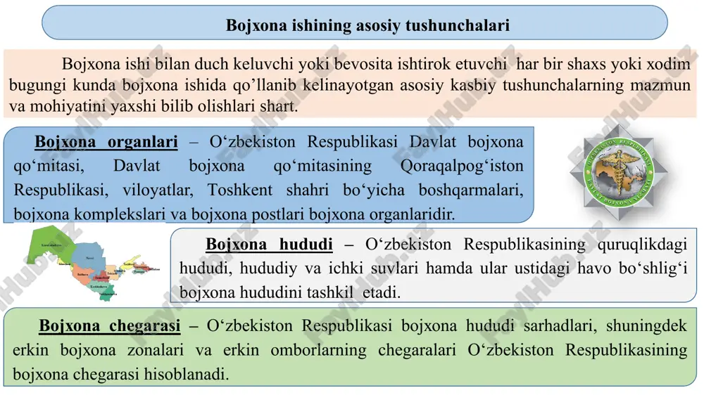 si yuridik shaxsi; yuk operatsiyalari deklarant bojxona rasmiylashtiruvi bojxona rejimi deklaratsiyalash bojxona nazorati ostida turgan tovarlarni va transport vositalarini tashish, yuklash, tushirish, qayta yuklash, ularning buzilgan o‘rovlarini to‘g‘rilash, ularni o‘rash, qayta o‘rash va tashish uchun qabul qilish; bojxona chegarasi orqali olib o‘tiladigan tovarlarning va transport vositalarining maqomini bojxona maqsadlari uchun belgilovchi qoidalar majmui; tovarlar va transport vositalari hamda valyuta boyliklari ustidan bojxona nazoratini ta’minlash maqsadida bojxona organlarining mansabdor shaxslari amalga oshiradigan operatsiyalar majmui. tovarlarni va (yoki) transport vositalarini o‘z nomidan deklaratsiyalovchi shaxs yoxud uning nomidan tovarlar va (yoki) transport vositalari deklaratsiyalanayotgan shaxs; bojxona chegarasi orqali olib o‘tilayotgan va (yoki) bojxona nazorati ostida turgan tovarlar va (yoki) transport vositalari to‘g‘risidagi zarur ma’lumotlarni bojxona organlariga ma’lum qilish; bojxona ta’minlovi – bojxona organlari plombalar, muhrlar bosish, raqamli, harfli va boshqa markalar, qiyoslash belgilari qo’yish, shtamplar bosish yo’li bilan amalga oshiradigan tovarlar va transport vositalarini, binolar va boshqa joylarni qiyoslash (identifikatsiyalash) vositasi. bojxona nazorati …