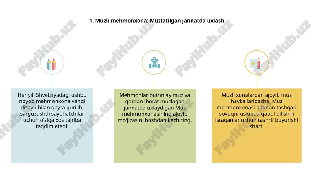 yligidan tabiatni o'rganing. har bir shar noan'anaviy turar joy qidirayotgan mehmonlar uchun qulay va maftunkor dam olishni ta'minlash uchun ehtiyotkorlik bilan yaratilgan. tinch muhitdan rohatlaning va hech qachon bo'lmaganidek tabiat bilan bog'laning. ajoyib manzaralari va ekologik toza yondashuvi bilan bu daraxt uyi mehmonxonasi tabiatni sevuvchilar va o'rmon go'zalligi orasida o'ziga xos dam olishni qidiradigan sarguzashtchilar uchun juda mos keladi. 1 2 3 5. das park mehmonxonasi: xonalar sifatida er osti beton quvurlari avstriyadagi das park mehmonxonasi qulay xonalarga aylantirilgan er osti beton quvurlarida noyob turar joyni taklif etadi. mehmonlar g'ayrioddiy muhit va sanoat dizayni bilan o'ralgan minimalist, ammo qulay tajribadan bahramand bo'lishlari mumkin. har bir quvur xonasida ikki kishilik to'shak, saqlash joyi va tabiiy yorug'likni ta'minlaydigan kichik derazalar mavjud bo'lib, u o'ziga xos turar joy yaratadi. 6. jirafa manor: afrika mehmonxonasida jirafalar bilan birga tushlik qiling giraffe manor - keniyadagi noyob mehmonxona bo'lib, u erda mehmonlar jirafalar bilan ovqatlanishlari mumkin. …