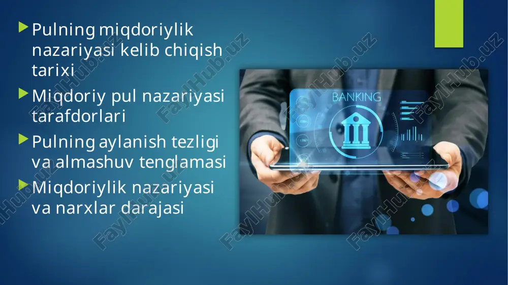 udga kelishining bevosita sababi edi. evropaga amerikaning arzon oltini va kumushining olib kelinishi va ularni qazib olish qiymatining pasayishi tovarlar narxlarining jadal o’sishiga olib keldi. d.yum bunday favqulodda shart-sharoitlarni tipik deb hisoblagan, lekin ilmiy tahlil butunlay teskari yondashuvni talab qilgan. d.yum ham pullarning miqdoriy nazariyasining shundan keyingi tarafdorlari (d.rikardo, j.mill’ va boshqalar) singari oltin tangali standart sharoitida muomalada yurgan pullarning miqdori avvalo sotiladigan tovarlarning qiymatiga va, yanada aniqroq qilib aytganda, ular 11 narxlarining summasiga bog’liq bo’lishini tushunishmagan. shunday qilib, klassik miqdoriy nazariya uchun 3ta qoida: sabablilik (narxlar pullarning massasiga bog’liq bo’ladi); mutanosiblik (narxlar pullar miqdoriga mutanosib ravishda o’zgaradi) universallik (pullar miqdorining o’zgarishi hamma tovarlarning narxlariga bir xilda ta`sir qiladi) xos bo’lgan miqdoriy pul nazariyasi tarafdorlari kredit va qog‘oz pul muomalasiga asoslangan miqdoriy pul nazariyasining zamonaviy sharoitdagi talqini yirik iqtisodchi olimlar l.marshall, i.fisher, g.kassej, b.xansen, m.fridmanlaming asarlarida bayon etilgan. miqdorlar nazariyasining asosiy o'ziga xosligi birinchi marta 1911 yilda irving fisher tomonidan …