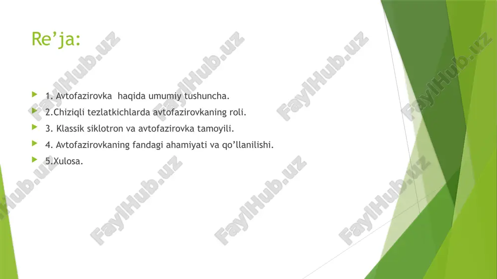 nxron zarra harakati saqlanadi. tezlatkich ish faoliyati doimiy va uzluksiz bo‘ladi. chiziqli tezlatkichlarda avtofazirovkaning roli chiziqli tezlatkichlarda zarrachalar har bir bo‘shliqdan o‘tganida energiya oladi. dastlabki zarrachalar sinxron fazadan oldinroq keladi. shuning uchun ular kamroq energiya oladi. har bir bosqichda faza asta-sekin sinxron fazaga yaqinlashadi. bu fazaga yetganida zarra energiyani bir maromda ola boshlaydi. agar zarra sinxron fazadan keyinroq kelgan bo‘lsa, u ortiqcha energiya oladi. natijada u tezlashadi va fazasi qayta sinxron fazaga yaqinlashadi. bu jarayon takrorlanib turadi. natijada zarra sinxron fazaga bog‘lanadi. avtofazirovka chiziqli tezlatkichlarda zarrachalarning bir maromda va barqaror tezlanishini ta’minlaydi. harakatdagi zarrachalar o‘z yo‘nalishini saqlab qoladi. fazaviy barqarorlik bu tizimda muhim ahamiyatga ega. klassik siklotron va avtofazirovka tamoyili klassik siklotron — bu zarrachalarni aylanma (rezonans) harakatga keltirib, ularga yuqori energiya beruvchi birinchi rezonansli zarracha tezlatkich hisoblanadi. siklotronda elektr maydoni doimiy chastotada tebranadi, magnit maydoni esa o‘zgarmaydi.asosiy ishlash prinsipi:zarrachalar magnit maydon yordamida spiralsimon yo‘ldan harakat qiladi.“dee” deb ataluvchi d-shaklidagi …