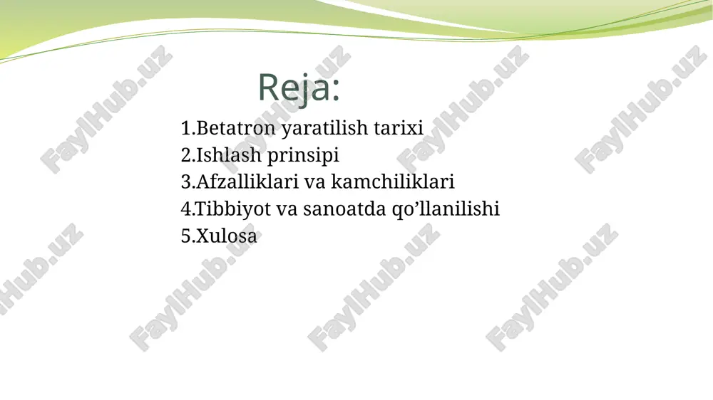 ktronlarga energiya beradi,ya'ni ularni teshlashtiradi. 5)magnit maydonning roli: 1.tezlashtirish uchun elektr maydonini hosil qiladi. 2.shu bilan birga elektronlarni orbitadan chiqib ketmasligi uchun ularni doirada saqlab turadi. 6)elektronlar to'liq aylana boylab harakatlanib,har bir aylanishida energiya ortadi. tibbiyotda qo’llanilishi 1.radioterapiya-betatron yuqori energiyali (6-50 mev) elektronlar yoki gamma nurlari hosil qiladi.bu nurlar to’siqqa urilishi natijasida rentgen nurlarini hosil qilish orqali saraton hujayralarini nurlantirish uchun ishlatiladi. 2.yuqori energiyali elektron terapiya-betatronda yuqori energiyali elektronlarni to’g’ridan-to’g’ri ishlatish imkoni mavjud.bunday nurlanish, ayniqsa, teri va sirtga yaqin joylashgan o’smalarni davolashda qo’llaniladi. sanoatda qo’llanilishi: 1.qalin metal buyumlarni rentgen qilish-oddiy rentgen aparatlari qalin metal buyumlar orqali o’ta olmaydi .betatron esa 10-30-mev gacha energiyali nurlari yordamida 200 mm va undan ortiq qalinlikdagi po’lat va alyuminiy qismlarini ham skanerlash imkonini beradi. 2.kemasozlikda-kema korpuslari ichi va payvand choklarini nazorat qilish. 3.materiallar tekshiruvi-masalan, qurilish materiallaridan biri beton ichidagi bo’shliqlar yoki yoriqlar.ya’ni rentgen nurida skanerlash orqali aniqlash mumkin. afzalliklari va kamchiliklari afzalliklari: 1.yuqori energiyali elektronlar …