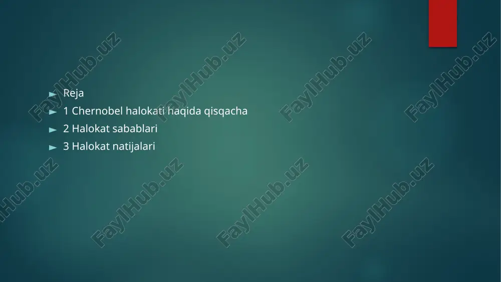 ‘rsatdi. reaktor ichidagi grafit tizimi avariyani kuchaytirib, yadroviy reaksiya portlash bilan yakunlandi. 4. sovet ittifoqidagi tizim muammolari o‘sha davrdagi sir saqlash siyosati sababli, xavfsizlik bilan bog‘liq muammolar oldindan yetarlicha muhokama qilinmagan. atom energetikasi sohasida qattiq nazorat bo‘lsa-da, avariya yuz berganida tezkor choralar ko‘rilmagan. 1986-yil 25-aprel kuni chernobil aesning 4-reaktorini nazorat qiluvchi operatorlar reaktor tajribasi oʻtkazish uchun tayyorgarlik koʻrishadi. tajribadan asosiy maqsad quvvat manbai yoʻqolganda turbinalarni sovutib turuvchi nasoslarning qancha vaqt chiday olishini aniqlashdan iborat edi. xuddi shu tajriba, bir yil oldin chernobil aesda oʻtkazilgan va turbinaning quvvati juda tez tushib ketishi kuzatilgan edi. ushbu tajribada esa yangi kuchlanish regulyatori sinovdan oʻtkazilishi kerak edi. tajriba 26-aprel kuni erta tongdan, eksperiment operatorning tashabbusi bilan boshlanadi. bosimning haddan tashqari koʻtarilishi natijasida ogʻirligi 1000 tonna boʻlgan reaktorning yuqori qopqogʻi ajralib chiqadi va yonilgʻi kanallari shikastlanadi. haddan tashqari koʻp bugʻ ishlab chiqarilishi tufayli bugʻlanish butun yadroni qoplab oladi. 2-3 soniya ichida yuz bergan ikkinchi portlash …