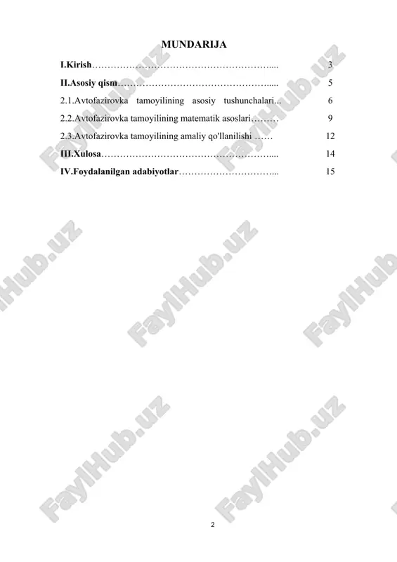 zini sozlash imkoniga ega bo'ladi. uchinchidan, avtofazirovka tamoyili ilmiy va texnik sohalarda yanada rivojlanishga olib keladigan imkoniyatlarni ochadi. signal uzatishning yangi metodlari, yuqori chastotali tizimlar va fazaviy modulyatsiya kabi sohalarda avtofazirovka texnologiyalarini qo'llash ilgari surilmoqda. shunday qilib, bu mavzu ilmiy tadqiqotlar va innovatsiyalar uchun dolzarb yo'nalish bo'lib, yangi yondashuvlar va metodlarni ishlab chiqishga turtki bo'ladi. bundan kelib chiqadiki, avtofazirovka tamoyilining ilmiy va amaliy ahamiyati yanada ortmoqda. o'zining texnologik rivojlanishi va yangi imkoniyatlar 4 yaratishdagi roli tufayli, avtofazirovka mavzusi kurs ishi uchun juda dolzarb va zamonaviy ilmiy tadqiqotlarni talab qiladigan soha hisoblanadi. kurs ishi mavzusining maqsadi: avtofazirovka tamoyilining ilmiy va amaliy jihatlarini chuqur o‘rganish, uning faza boshqaruvi tizimlaridagi o‘rni va samaradorligini tahlil qilishdir. kurs ishi davomida avtofazirovka tamoyilining texnik imkoniyatlarini, matematik asoslarini va amaliy qo‘llanilish sohalarini batafsil ko‘rib chiqish, uning turli tizimlarda qanday qo‘llanilishini va muammolarini aniqlashni maqsad qilaman. bundan tashqari, avtofazirovka jarayonining o‘zgaruvchan muhitlar va yuqori tezlikdagi signal uzatish tizimlarida …