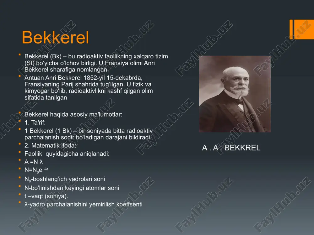 v manbalarni tavsiflash uchun ishlatiladi, masalan, tibbiy yoki sanoat manbalarida. mari va per kyuri grey grey (gy) — bu xalqaro tizimdagi (si) ionlashtiruvchi nurlanishning yutilgan dozasini o‘lchash birligi. u ingliz fizikasi olimi luise harold grey sharafiga nomlangan. louis harold gray haqida ma’lumot: luise grey 1905-yil 10-noyabrda londonda, angliyada tug’ilgan gray fizik bo‘lib, o‘zining ilmiy faoliyatini ionlashtiruvchi nurlanishning biologik va fizik ta'sirini o‘rganishga bag‘ishlagan grey haqida asosiy ma'lumotlar: 1. ta'rif: 1 grey (gy) — bu 1 kilogramm material tomonidan 1j energiyaning yutilishiga teng nurlanish dozasini bildiradi. matematik ta'rifi: 1gy formula: nurlanishning yutilgan energiyasi quyidagicha aniqlanadi: d : yutilgan doza (gy). : yutilgan energiya (j). : massa (kg). 2. qo‘llanilish sohasi: tibbiyot: radioterapiyada, saraton kasalligini davolashda ishlatiladigan nurlanish dozasini hisoblashda. yadro fizikasi: yadro xavfsizligi va nurlanishdan himoya bo‘yicha tadqiqotlarda. sanoat: materiallarni ionlashtiruvchi nurlanish yordamida qayta ishlashda. 3. grey va boshqa birliklar o‘rtasidagi bog‘lanish: grey va rad o‘rtasida bog‘lanish: 1 gy=100 rad grey/s …