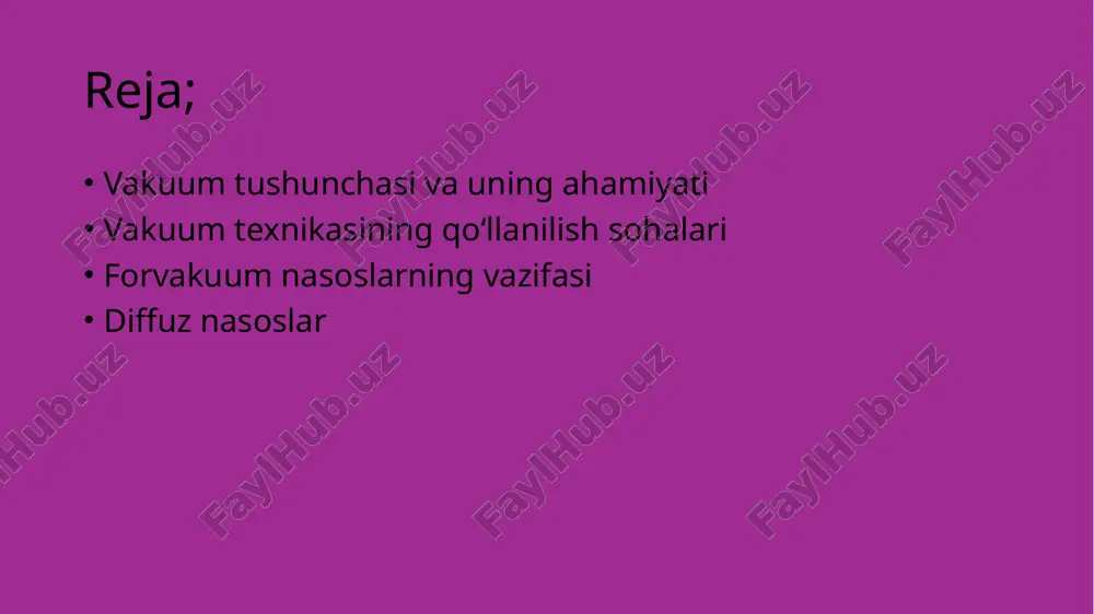 ’plab fizik tajribalarda, masalan, jismning harakatini o’rganishda, havo qarshiligi natijalarga ta’sir qilishi mumkin. vakuum muhiti havo qarshiligini butunlay yo’qotadi yoki sezilarli darajada kamaytiradi, bu esa o’rganilayotgan fizik hodisaning “sof” ko’rinishini kuzatish imkonini beradi. galileyning turli massadagi jismlarning vakuumda bir xil tezlikda tushishini ko’rsatadigan mashhur tajribasi bunga misol bo’la oladi. vakuum nasoslarini vazifasi vakuum nasosining asosiy vazifasi – bu ma'lum bir hajmdan (berilgan idish, kamera yoki tizimdan) gaz molekulalarini chiqarib tashlash orqali vakuum hosil qilish va uni saqlab turishdan iborat. samaradorligi vakuum nasoslarining samaradorligi va qobiliyati odatda ikkita asosiy parametr bilan belgilanadi: nasoslash tezligi: vaqt birligi ichida nasos ma’lum bir bosimda qancha gaz hajmini chiqarib yuborishi. erishiladigan yakuniy bosim: nasos erisha oladigan eng past bosim darajasi kinematik nasoslar kinematik o'tkazuvchi (kinetic transfer) nasoslar: bu nasoslar gaz molekulalariga yuqori tezlikda harakatlanuvchi qismlar orqali kinetik energiya berish orqali ishlaydi, bu energiya molekulalarni chiqish porti tomon yo'naltiradi. ular odatda yuqori va o'ta yuqori vakuum …