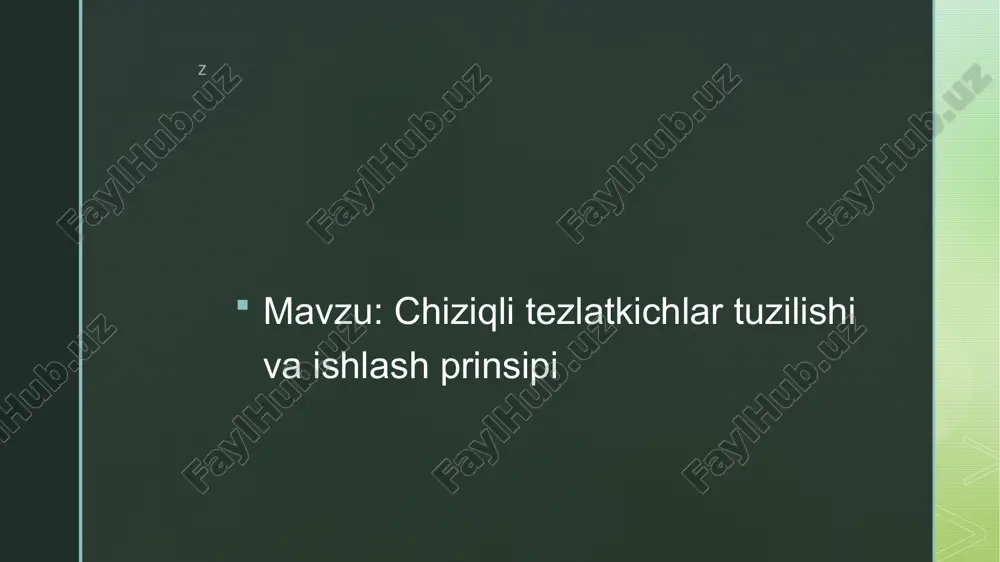 i)ni magnit maydoni (baʼzan, elektr maydoni) bilan boshkarib turiladi. zarralarning trayektoriyasiga kura, t. siklik va chiziqli, tezlatuvchi elektr maydoni xarakteriga koʻra, rezonans va norezonans turlarga boʻlinadi z kaskad tezlatkichlari kaskad tezlatkichlari ham elektrostatik maydonda zaryadli zarrachalarning energiyasini oshirish vazifasini bajaradi. birinchi kaskadli generatori 1932- yili kokrofton va uolton tomonidan ishga tushirildi. kaskad generatorining asosiy qismlarini transformator, oddiy diodlar va kondensatorlar tashkil etadi. z olib borilgan tajriba natijalari shuni ko’rsatdiki, chiqishdagi kuchlanishni oshirishning eng yaxshi yo’li, bu kuchlanish chastotasini va kondensator sigimini oshirishdir. chastotaning juda katta qiymatlarida keraksiz parazit sig’im kattaliklarining paydo bo'lishi sxemani sozlash ishlarini qiyinlashtirib yuboradi. odatda chastotaning qiymati bir necha kgs katta bo’lmaydi. bu yo’l bilan o’zgaruvchan past kuchlanishni, o’zgarmas bo’lgan yuqori kuchlanishga aylantiriladi. olingan kuchlanishning qiymati 5 mb atrofidadir. z o’zmu amaliy fizika ilmiy tadqiqotlar institutidagi elektrostatik tezlatkichlar 2004 – yilda o’zbekiston milliy unversteti amaliy fizika ilmiy tadqiqotlar institutida eg-2 sokol elektrostatik tezlatkichi ishga tushirildi. mazkur tezlatkich …