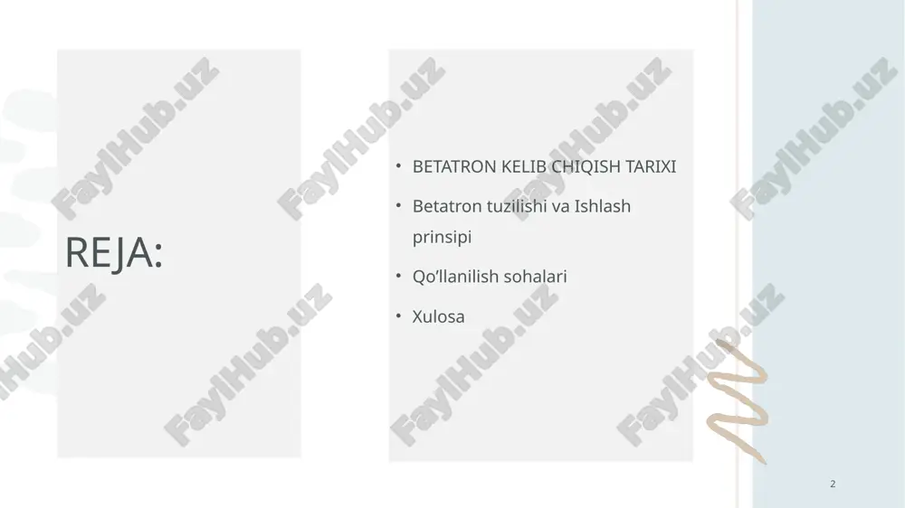 di (odatda 20–300 mev gacha). 2. tezlatilgan elektronlar maqsad materialga (odatda og‘ir metall plastinka, masalan volfram) uriladi. 3. elektronlar to‘xtatilganda yoki yo‘nalishini o‘zgartirganda o‘z energiyasining bir qismini rentgen nurlari shaklida chiqaradi. bu hodisa fizikada tormozlanish nurlanishi deb ataladi. 4. hosil bo‘lgan rentgen nurlari tashqariga chiqariladi va kerakli maqsadlar uchun ishlatiladi 8 9 betatronning sanoatdagi asosiy qo’llanishi 1. aviatsiyada samalyot qismlaridagi mikroyoriqlarni aniqlashda. 2. mashinasozlikda dvigatellar va trubinalar sifat nazoratida. 3. yadro sanoatida reaktr kompanentlarining tekshiruvi. 4. kema qurilishida kema korpuslarining ichi va payvand choklarini nazorat qilish. 5. temir yo’l transportida vagonlar va relslarning tekshiruvi. • materiallar tekshiruvi va sifat nazorati: 1.neft va gaz sanoatida:quvurlar, armature va burg’ilash uskunalarini rentgen nuri nazoratida sifat nazorati. 2.qurilish sanoatida:beton konstruktsiyalar ko’priklar va inshootlarning ichki tuzilmasini tekshirish. kamchiliklari: foydalanish cheklovlari:betatronlar faqat elektronlar yoki pozitronlarni tezlashtira oladi energiya chegarasi:ularning maksimal energiyasi 300 mev bilan cheklangan. katta o’lcham va og’irlik:kuchli magnit maydon hosil qilsh uchun juda katta …