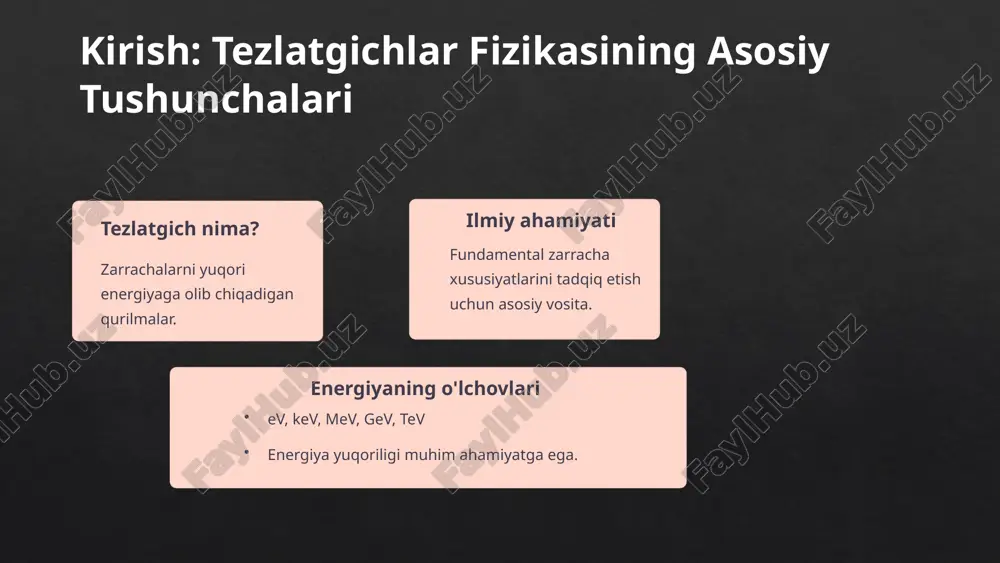 a tibbiyotda – proton terapiyasida keng qo‘llaniladi. ion tezlatgichlar – bu chiziqli tezlatgichlar turiga kiradigan qurilmalar bo‘lib, ular turli xil og‘ir zaryadlangan ionlarni (masalan, proton, deuteron, karbon, neon, uran ionlari) yuqori energiyagacha tezlashtiradi. ular yadro fizikasi, materialshunoslik, va tibbiyot sohalarida keng qo‘llaniladi. linac ning asosiy elementlari va texnologiyalari rf manbalari sovutish tizimlari vakuum tizimlari rf manbalari (radiochastotali generatorlar) – bu chiziqli tezlatgichning yuragi hisoblanadi. ular zarrachalarni tezlashtirish uchun kerakli yuqori chastotali elektr maydonni hosil qiluvchi qurilmalardir. ushbu rf maydonlar rezonator bo‘shliqlarda hosil bo‘ladi va zarrachalarga impuls beradi. sovutish tizimlari – bu chiziqli tezlatgichda ishlayotgan yuqori quvvatli komponentlardan ajralib chiqadigan issiqlikni samarali olib tashlash uchun mo‘ljallangan muhim texnologik elementdir. ular elektronika, rf manbalari, tezlatish bo‘shliqlari (rezonatorlar) va boshqa komponentlarning haroratini me’yorda ushlab turadi. vakuum tizimlari – bu chiziqli tezlatgich ichida zarrachalarning erkin harakatlanishini ta’minlash, ya’ni ularning havodagi molekulalar bilan to‘qnashuvini oldini olish uchun ishlatiladigan past bosimli (ya’ni vakuum) muhitni yaratadigan tizimlardir. …