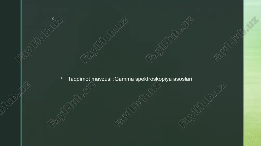 lganda, ular elektronlar bilan o'zaro ta'sir qilib, energiya uzatadi. bu energiya aniqlangan detektorlar yordamida o‘lchanadi. gamma spektroskopiyaning asosiy komponenti – detektor (masalan, nai(tl) kristalli detektor yoki germanium detektori), u gamma nurlari energiyasini o'lchaydi va natijaviy signalni elektronika tizimiga uzatadi. keyin bu signal grafikka yoki spektrga aylantiriladi. z kristal detektor - bu erta kristall qabul qiluvchilarda ishlatiladigan detektor turi. bu ba'zi bir yarim o'tkazgichning kristalli, odatda qo'rg'oshin sulfid (pbs) yoki kadmiy sulfid (cds), uning qarshisida yupqa metall sim yotadi. z ssintillyatsion gamma-spektrometr gamma-kvant moddaga yutilganda paydo bo'ladigan ikkilamchi elektronlarni qayd qiladi. uning ajrata olish qobiliyati magnitli va kristall gamma- spektrometrlarga qaraganda pastroq, lekin sodda va ishlatish qulayligi sababli keng tarqalgan. z sxematik ko'rinishdagi yuqori energiyali fotonning tushayotgan nurlanishga javoban fotonlar hosil qiluvchi sintilator, yorug'likni elektr signaliga aylantiruvchi sezgir fotodetektordan iborat bo'lib, bu signalni qayta ishlash uchun elektron. z gamma –spektroskopiyaning bu fandagi o’rni ​gamma spektroskopiyasi klinik dozimetrikada muhim ahamiyatga ega. ushbu …