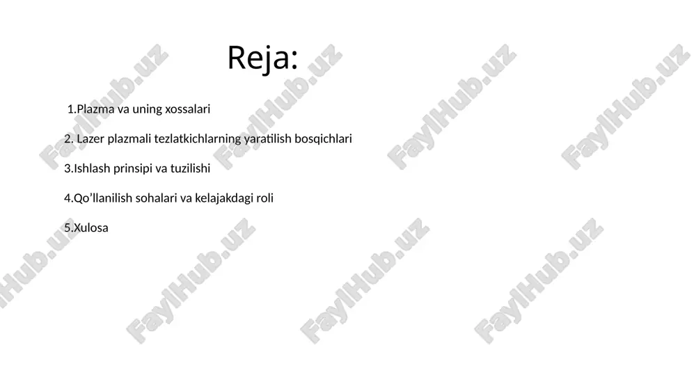 lar. 1990-yillarda lazer plazma o’zaro ta’siri bo’yicha dastlabki tajribalar o’tkaziladi.elektronlar faqat keng spektrda va kam energiya bilan tezlashtirilar edi.lazer quvvatlari ham past va plazma nazorati zaif edi. keyinchalik bu kabi kamchiliklar ko’rib chiqilib, 2004-yilda uchta mustaqil guruh bir vaqtning o’zida monoenergetic electron nurlari olishga erishdi.ya’ni, taxminan 100 mev atrofida. bu tarixda birinchi real muvaffaqiyatli lazer-plazma tezlatgichi sifatida qabul qilingan. keyingi yillardagi plazma tezlatgichlar ancha rivojlanib 2006-yilda elektronlarni 1 gev gacga oshirishga erishildi. 2014-yilga kelib esa bu ko’rsatgich 4.2 gev ni tashqil qildi.bu bosqichda femtosekundli lazerlar,gaz oqim tizimlari va diognostika texnologiyalari rivojlandi. bugungi kunga kelib lazer plazmali tezlatkichlar ko’pincha bir nechta santimetr yoki bir nechta millimetr masofada yuqori energiyali elektronlarni tezlatish imkonini beradi.bu ularni katta hajmli an’anaviy tezlatkichlarga qaraganda ancha ixcham va samarali qiladi. yuqori enrgiya:lazer plazmali tezlatkichlar plazma to’lqinlarining kuchli elektr maydonlaridan foydalangan holda elektronlarni juda yuqori energiyalarga,gev miqyosiga tezlatishga qodir.masalan,plazma to’lqinlari elektr maydonlarini 100 gevjuda katta qiymatdir/m darajagacha olib …