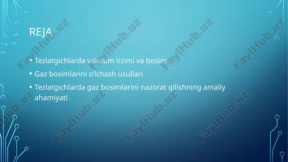 • . pirani vakuummetri • ishlash prinsipi: gazning issiqlik o‘tkazuvchanligiga asoslanadi. spiral sim orqali o‘tkazilgan tokdan hosil bo‘lgan issiqlik gaz zichligiga qarab o‘zgaradi. • qo‘llanilishi: 10⁻³ – 1 mbar oralig‘ida • afzalligi: arzon, oddiy • kamchiligi: yuqori vakuumda aniqligi past • sovuq katodli (penning) vakuummetr • ishlash prinsipi: gaz molekulalarining elektr maydonda ionlanish chastotasiga asoslanadi. • ish diapazoni: 10⁻⁵ – 10⁻⁹ mbar • katta laboratoriyalarda keng ishlatiladi • yuqori sezuvchanlik, uzoq muddat ishlay oladi • ionizatsion vakuummetr (hot cathode gauge) • elektronlarning gaz molekulalari bilan to‘qnashishi orqali hosil bo‘lgan ionlar oqimi o‘lchanadi. • ish diapazoni: 10⁻⁹ – 10⁻¹² mbar (ultrabaland vakuum) • juda sezgir va lhc kabi tezlatgichlar uchun asosiy vosita • nozik tuzilish, qimmat narx • . kapasitiv vakuummetr (baratron) • ishlash diapazoni: atmosfera bosimidan 10⁻⁶ mbargacha • asosan past bosimni (yaqin atmosfera) o‘lchash uchun ishlatiladi • asosiy afzalligi – gaz turiga bog‘liq bo‘lmagan o‘lchov • qimmat va murakkab …