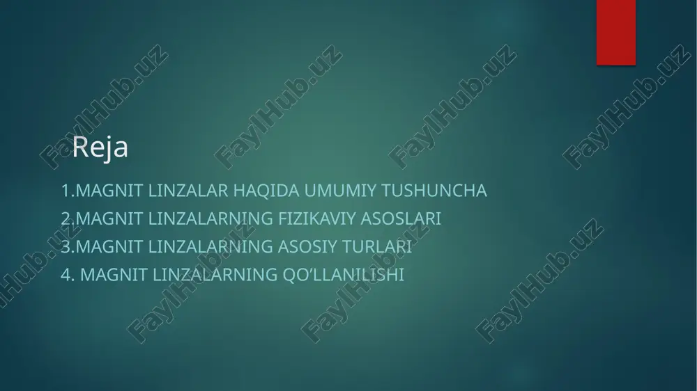 turlari dumaloq magnit linzalar oddiy salenoidli linzalar immersion linzalar magnit linzalarning asosiy qo’llanilish sohalari xulosa foydalanilgan saytlar e’tiboringiz uchun rahmat  image6.png image7.jpg image2.png image3.png image4.png image5.png /docprops/thumbnail.jpeg