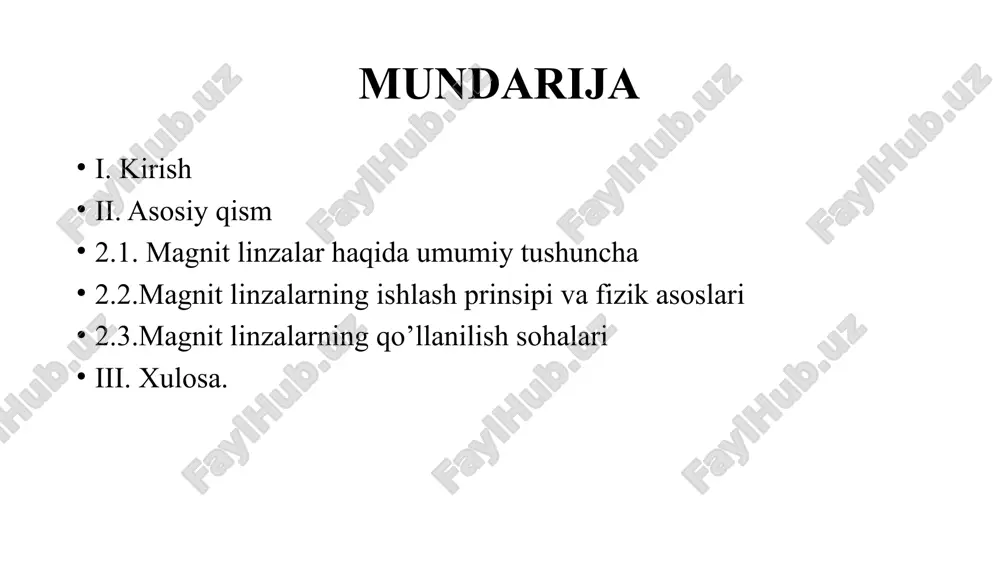 lar nafaqat ilmiy tadqiqotlarda, balki sanoat va meditsina sohalarida ham tobora keng qo‘llanilmoqda. kurs ishining maqsadi: magnit linzalar va ularning qo’llanilish sohalari bilan tanishib chiqish. kurs ishining vazifalari: magnit linzalar haqida umumiy tushunchalarini ko’rib chiqish; magnit linzalarning ishlash prinsipi va fizik asoslarini tahlil qilish; magnit linzalarning qo’llanilish sohalarini o’rganish; ii.asosiy qism. 2.1 magnit linzalar haqida umumiy tushunchalari fizikada zaryadlangan zarralarning harakat trayektoriyasiga ta’sir ko‘rsatish va ularni boshqarish muhim masalalardan biri hisoblanadi. ayniqsa, elektron optikasi, elektron mikroskopiya, zarralar tezlatkichlari va boshqa ilg‘or texnologiyalarda bunday boshqaruv usullari keng qo‘llaniladi. shu maqsadda qo‘llaniladigan eng samarali vositalardan biri bu — magnit linzalardir. magnit linzalar orqali zaryadlangan zarralarning harakat yo‘nalishini o‘zgartirish, ularni bir nuqtaga jamlash va kerakli trayektoriya bo‘ylab boshqarish mumkin. bu bo‘limda magnit linzalarning ta’rifi, ishlash prinsipi va turlari haqida batafsil ma’lumot beriladi. magnit linzalar haqida gapirganda, avvalo, ularning asosiy ishlash prinsipini tushunib olish muhim. zaryadlangan zarra magnit maydon ichida harakat qilganda unga lorens …