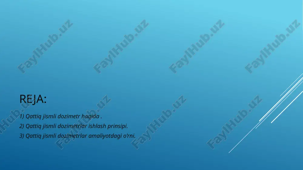 tronlar shu tartibda dinodlar tomon urilib son jihatdan ortib borib ohirida anod tomon yetib olishadi so’ngra anodni kuchaytirgichga yoki sanagichga zanjir qilib ulanib energiya miqdori hisoblanadi cherenkov sanagichi — bu tez harakatdagi zaryadlangan elementar zarralarni aniqlovchi detektor bo‘lib, u ushbu zarralar detektor muhitida harakatlanganda hosil qiladigan cherenkov nurlanishi asosida ularni qayd etadi. cherenkov nurlanishi (yoki vavilov–cherenkov nurlanishi) – bu zaryadlangan zarra shaffof muhitda shu muhitdagi yorug‘lik tezligidan yuqori tezlikda, ya’ni v > c/n shart bajarilganda harakatlanganda yuzaga keladigan nurlanishdir. bu yerda v – zarraning tezligi, c – vakuumdagi yorug‘lik tezligi, n esa muhitning sinish ko‘rsatkichi cherenkov sanagichining ishlash prinsipi. 1 – zarracha , 2 – zarracha traektoriyasi , 3- to’lqin fronti 4 –radiator (dozimetr bo’shlig’i muhit vazifasida) 5 fek – fotoelektron kuchaytirgich 6 – fotokatod zarraning cherenkov nurlanishiga aylanuvchi energiyasi, u muhitdagi atomlarni ionlashtirish va qo‘zg‘atishga sarflaydigan energiyasiga nisbatan juda kichik bo‘ladi. radiator (ya’ni muhit) turiga qarab, zarra 1 sm …