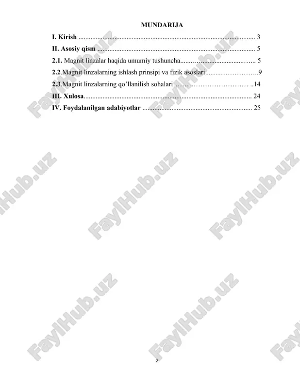 ari va ularning zamonaviy texnologiyadagi asosiy qo‘llanilish sohalari batafsil o‘rganiladi. mavzuning dolzarbligi shundaki, magnit linzalar nafaqat ilmiy tadqiqotlarda, balki sanoat va meditsina sohalarida ham tobora keng qo‘llanilmoqda. kurs ishining maqsadi: magnit linzalar va ularning qo’llanilish sohalari bilan tanishib chiqish. kurs ishining vazifalari: · magnit linzalar haqida umumiy tushunchalarini ko’rib chiqish; · magnit linzalarning ishlash prinsipi va fizik asoslarini tahlil qilish; · magnit linzalarning qo’llanilish sohalarini o’rganish; ii.asosiy qism. 2.1 magnit linzalar haqida umumiy tushunchalari fizikada zaryadlangan zarralarning harakat trayektoriyasiga ta’sir ko‘rsatish va ularni boshqarish muhim masalalardan biri hisoblanadi. ayniqsa, elektron optikasi, elektron mikroskopiya, zarralar tezlatkichlari va boshqa ilg‘or texnologiyalarda bunday boshqaruv usullari keng qo‘llaniladi. shu maqsadda qo‘llaniladigan eng samarali vositalardan biri bu — magnit linzalardir. magnit linzalar orqali zaryadlangan zarralarning harakat yo‘nalishini o‘zgartirish, ularni bir nuqtaga jamlash va kerakli trayektoriya bo‘ylab boshqarish mumkin. bu bo‘limda magnit linzalarning ta’rifi, ishlash prinsipi va turlari haqida batafsil ma’lumot beriladi. magnit linzalar, aslida, maxsus …