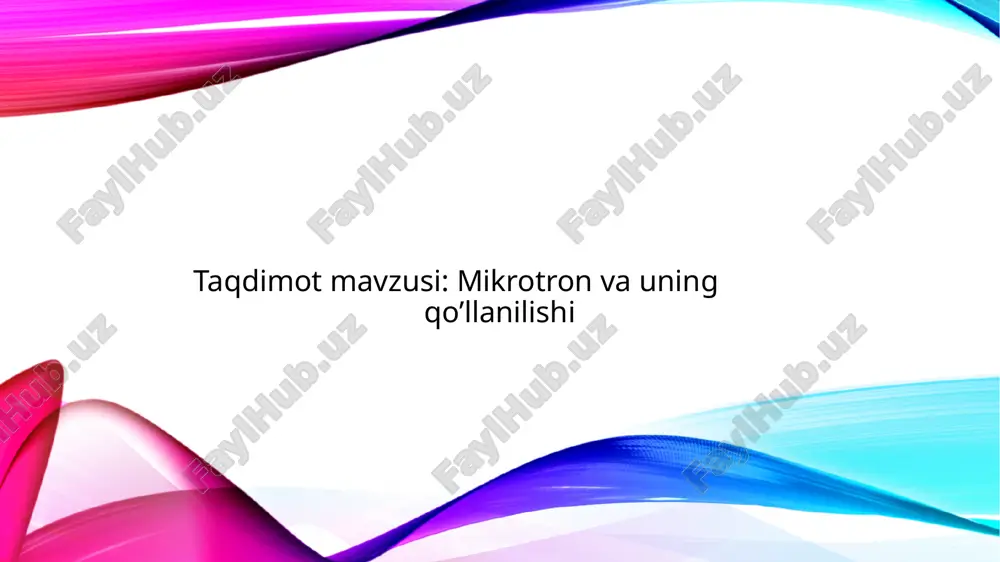 chidir. kompleks 3,5 mev injektor va to'rt mikrotronli kaskaddan iborat bo'lib, ularning oxirgisi chiqish joyida 1,5 gev energiyaga egalebedev nomidagi fizika institutida. moskvadagi lebedev 55 mev mikrotron bilan ishlaydi[4]. ushbu mikrotron portlovchi moddalarni aniqlash uchun gamma-nurlari manbai bo'lib xizmat qiladi. mikrotronning qo‘llanilish sohalari: 1. tibbiyot sohasida:radioterapiya: saraton kasalligini davolashda yuqori energiyali elektron nurlari yoki gamma-nurlar yordamida o‘smalarni yo‘q qilish.meditsina tomografiyasi: pet va boshqa yuqori aniqlikdagi tasvir olish uskunalarida zarracha manbai sifatida. 2. yadro fizikasi va ilmiy tadqiqotlarda:zarracha fizikasi tajribalari: elementar zarralar xossalarini o‘rganish.materialshunoslik: yadro reaksiyalari orqali moddalarning ichki tuzilishini o‘rganish. 3. nurlantirish texnologiyasi: polimerlarni modifikatsiyalash, sterilizatsiya qilish (masalan, tibbiy asbob-uskunalarni). kichik hajmli mikrotronlar elektron mikroskoplarda yuqori energiyali elektronlar manbai sifatida ishlatiladi. foydalanilgan adabiyotlar: 1.kapitsa s. p., melexin v. n. mikrotron / predislovie p. l. kapitsi. — m.: nauka, 1969. — 211 2. mikrotron — vikipediya https://ru.wikipedia.org/wiki/ 3.chat gpt(qo’llanilish sohalari) https://ru.wikipedia.org/wiki/ e’tiboringiz uchun rahmat slide 1 slide 2 slide 3 slide …