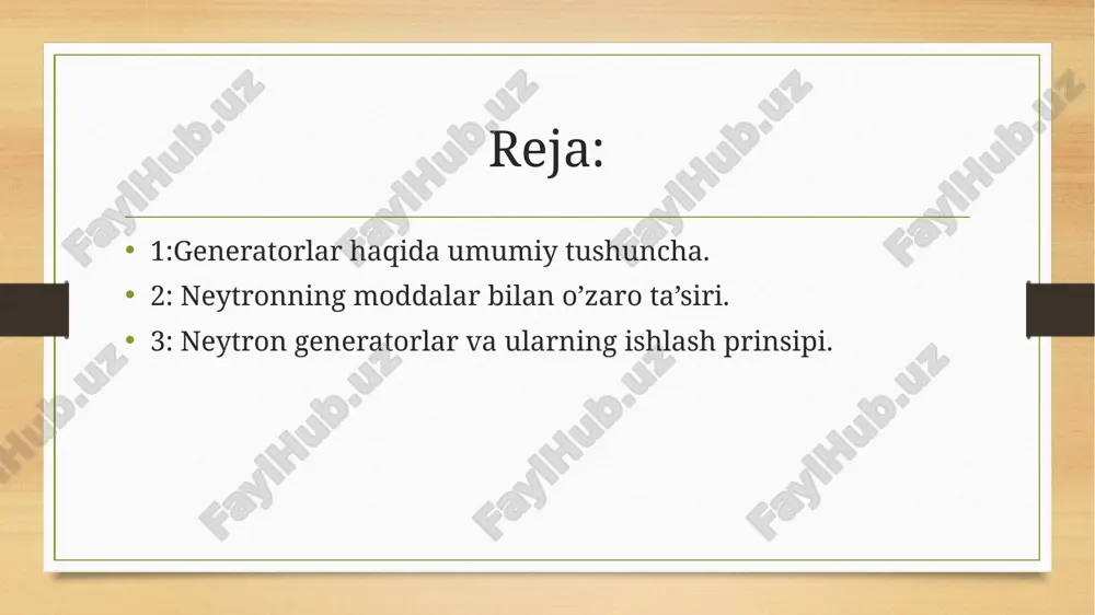 0^23 sm, magnit momenti 1,913 yadro magnetoniga teng boʻlgan elektr jihatdan neytral (elektr zaryadi nolga teng) elementar zarra; atom yadrosining tarkibiy qismi. proton kabi n. ham nuklon deb yuritiladi. barionlar guruhiga kiradi. neytron massasi 1,67492729(28)×10−27 kg,[3] oʻrtacha yashash vaqti 885.7(8) s (erkin neytron uchun), spini ½ dir. 6 moddalar bilan tasirlashuvi neytronlarning moddalar bilan o‘zaro ta’sirlashuvi yadroviy fizikada muhim o‘ringa ega. bu jarayonlar neytronlarning modda ichidan o‘tishida yuzaga keladigan turli holatlarni o‘z ichiga oladi. neytronlar elektr zaryadsiz bo‘lgani sababli ular modda bilan nisbatan oson kirishadi, lekin ba’zi hollarda ular yadrolar bilan kuchli ta’sirlashadi. quyidagi asosiy ta’sirlashuv turlarini ajratish mumkin: neytron yadroga urilib, yo‘nalishini o‘zgartiradi, lekin energiyasining katta qismini saqlab qoladi. bu jarayon ayniqsa yengil yadrolarda (masalan, vodorodda) neytronlarni sekinlashtirishda muhim. bu holatda neytron yadroga urilgach, uning energiyasining bir qismi yadroni qo‘zg‘atishga ketadi. neytron o’tkazgich tizimi neytronografiya (neytron va ...grafiya) — neytronlarning sochilishi asosida molekula, suyuklik va kristallarning tuzilishini oʻrganish usuli. …
