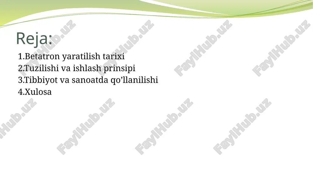 n birga elektronlarni orbitadan chiqib ketmasligi uchun ularni doirada saqlab turadi. 6)elektronlar to'liq aylana boylab harakatlanib,har bir aylanishida energiya ortadi. tibbiyotda qo’llanilishi 1.radioterapiya-betatron yuqori energiyali (6-50 mev) elektronlar yoki gamma nurlari hosil qiladi.bbu nurlar to’siqqa urilishi natijasida rentgen nurlarini hosil qilish orqali saraton hujayralarini nurlantirish uchun ishlatiladi. 2.yuqori energiyali electron terapiya-betatronda yuqori energiyali elektronlarni to’g’ridan-to’g’ri ishlatish imkoni mavjud.bunday nurlanish, ayniqsa, teri yoki sirtga yaqin joylashgan o’smalarni davolashda qo’llaniladi. sanoatda qo’llanilishi: 1.qalin metal buyumlarni rentgen qilish-oddiy rentgen aparatlari qalin metal buyumlar orqali o’ta olmaydi .betatron esa 10-30-mev gacha energiyali nurlari yordamida 200 mm va undan ortiq qalinlikdagi po’lat va alyuminiy qismlarini ham skanerlash imkonini beradi. 2.kemasozlikda-kema korpuslari ichi va payvand choklarini nazorat qilish. 3.materiallar tekshiruvi-masalan, qurilish materiallaridan biri beton ichidagi bo’shliqlar yoki yoriqlar.ya’ni rentgen nurida skanerlash orqali aniqlash mumkin. xulosa:  betatron — yuqori energiyali elektronlar yordamida rentgen nurlari hosil qiluvchi zamonaviy tezlatkich bo‘lib, u fan va texnikaning turli sohalarida keng …