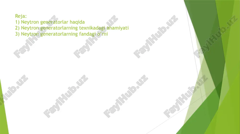 . neytron generatorlarida ishlatiladigan eng keng tarqalgan ion manbai sovuq katod yoki penning ion o’lchagichlarida ishlatiladigan penning tuzog’ining hosilasi bo’lgan penning ion manbai. elementar tahlilga kelsak, 107 108 n/s past neytron oqimi talab qilinadi, bu (n, y) va (n, n’, y) reaktsiyalarida gammani osongina o’lchash uchun afzallik beradi va radioaktiv neytron manbalariga nisbatan barqaror va impuls rejimida xavfsizroq ishlash imkonini beradi. ushbu neytron oqimini hosil qilish uchun d-d yoki d-t reaktsiyalarida 106 + 108 n / s neytronlarni ishlab chiqaradigan bir necha o’nlab mikroamper va 80 kev dan ortiq energiyaga ega deyteriy ionlari kabi ion manbai ishlatiladi. har xil yorug’lik-ion tezlatgichlari orasida, germetik, muhrlangan quvurlar sifatida yaratilgan ixcham qurilmalar deyteriy-deyteriy (d-d) va deyteriy-tritiy (d-t) reaktsiyalaridan foydalanadi: d+d→he+ n + 3,270mev d+the+ n + 17,590mev texnika qollanilishi neytron generatorlari texnikada keng qo‘llaniladi, chunki ular neytron oqimini nazoratli tarzda ishlab chiqarishga imkon beradi. quyida ularning asosiy qo‘llanilish sohalari keltirilgan: neytronlar orqali materiallardagi …