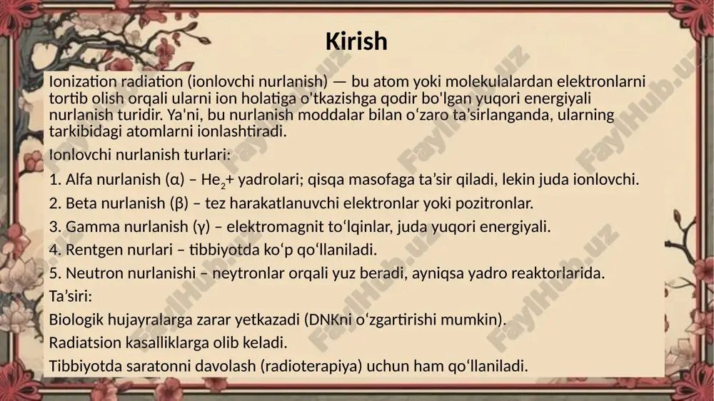 — (vodorod radikali) va (gidroksil radikali) hosil bo‘ladi. 3. ikkinchi bosqichdagi reaksiyalar: radikallar o‘zaro yoki boshqa molekulalar bilan reaksiyaga kirishib, peroksidlar, vodorod, vodorod peroksid kabi moddalar hosil qiladi: oh + oh→ h2o2 h + h →h2 asosiy ishtirok etuvchilar: erkin radikallar: oh, h ionlar: h3o+, oh- kimyoviy birikmalar: h2, h2o2 1 amaliy ahamiyati: 1. radiatsion biologiya: suv hujayralarning asosiy tarkibiy qismi bo‘lgani uchun, radioliz natijasida hosil bo‘ladigan radikallar dnk va hujayra strukturalariga zarar yetkazadi. 2. radiatsion tibbiyot: radiatsiya terapiyasida aynan radioliz mahsulotlari orqali saraton hujayralariga zarar yetkaziladi. 3. yadro energetikasi: yadro reaktorlarida sovituvchi sifatida ishlatiladigan suvning radiolizi reaktor xavfsizligiga ta’sir qilishi mumkin. 4. kosmik muhit: kosmosda suvga bo‘lgan ionlashtiruvchi nurlanish ta’siri natijasida yuz beradigan kimyoviy o‘zgarishlar o‘rganiladi. kislorod effekti nima? kislorod effekti — bu ionlashtiruvchi nurlanish ta’sirida suv (yoki biologik hujayra) ichida hosil bo‘lgan erkin radikallar bilan kislorod (o₂) o‘zaro ta’sirga kirishib, yanada barqaror va toksik mahsulotlar hosil qilishidir. jarayon …