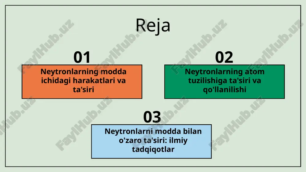 tarkibidagi atomlarga ta'sir qiladi. bu ta'sir modda fizikasi va kimyosi uchun muhimdir. o'zgarishlar va izohlar modda tarkibidagi o'zgarishlar neytronlar energiyasi va atomlar bilan ta'siridan kelib chiqadi. bu jarayonlarning ilmiy izohlari mavjud. photo by emad el byed on unsplash neytronlarning modda bilan o'zaro ta'sirining natijalari neytronlarning modda bilan o'zaro ta'siri natijasida yangi elementlar hosil bo'lishi va kimyoviy reaksiyalarni kuchaytirish mumkin. bu ta'sirlar neutronlar yordamida moddaning strukturasini o'zgartirishi va yangi materiallar yaratishi mumkin. shuningdek, bu jarayonlar radioaktivlik va energiya ishlab chiqarishda muhim rol o'ynaydi. ushbu natijalar atom energiyasi, tibbiyot va materialshunoslik kabi sohalarda juda katta ahamiyatga ega. neytronlarning modda bilan o'zaro ta'siri kelajakdagi tadqiqotlarda yangi texnologiyalar va ilmiy kashfiyotlar uchun asos bo'lishi mumkin. bu sohalarda innovatsiyalarni rivojlantirish uchun katta imkoniyatlar mavjud. 1 2 neytronlar atom yadrosining muhim qismi hisoblanadi. neytronlar atom tuzilishida muhim rol o'ynaydi. ular barqarorlikni ta'minlab, protonlar bilan o'zaro ta'sir qiladi. neytronlarning mavjudligi atomning fizik va kimyoviy xususiyatlariga ta'sir ko'rsatadi. …