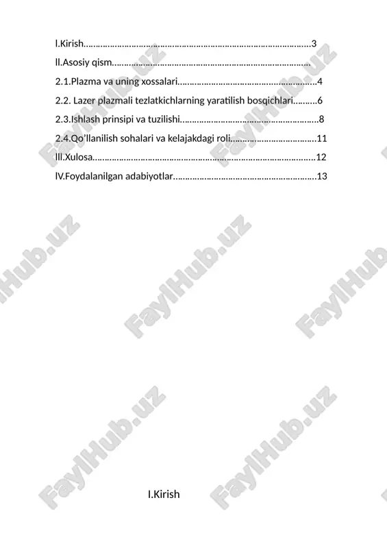 jralgan holatidir.oddiy gazdan farqli bo’lib,plazmada zarrachalar zaryadlangan bo’ladi,ya’ni unda erkin elektronlar va musbat ionlar mavjud. plazmaning asosiy xossalari: 1.zaryadlangan zarrachalardan iborat plazma musbat va manfiy zaryadli zarrachalardan(ionlar va elektronlar) tashkil topgan.ularning harakati elektr va magnit maydonlarga sezgir. 2.elektr o’tkazuvchanligi plazma elektr toki o’tkaza oladi,chunki unda ko’plab erkin elektronlar mavjud. 3.elektromagnit maydon bilan o’zaro ta’sirga kirishadi. plazma elektr va magnit maydonlarga kuchli javob qaytaradi.shu sababli uni magnit maydon bilan boshqarish mumkin. 4.kllektiv harakat. plazmadagi zarrachalar birgalikda harakat qiladi.masalan,bitta electron harakat qilsa,uning atrofidagi boshqa zarrachalar ham javob qaytaradi.bu hodisa “kollektiv xatti-harakat”-deb ataladi. 5.plazma tebranishi(plasma oscillation) elektronlar muvozanat holatidan chetlashtirilganda,ular o’z joyiga qaytishga harakat qiladi.bu harakatlar natijasida tebranish yuzaga keladi. 6.ionlanish darajasi-bu plazmadagi zarrachalarning qanchalik ionlanganligini ko’rsatadigan fizik kattalik. ya’ni, gazni plazmaga aylantirish uchun atomlar elektr toki yoki harorat ta’sirida elektronlarini yo’qotib,musbat ionlarga aylanishi kerak.ionlanish darajasi- shu jarayon qanchalik sodir bo’lganini bildiradi. misol uchun agar 100 ta zarrachadan 70 tasi ionlangan bo’lsa, u …