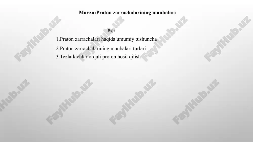 ot va materiallarni tushunishda kalit hisoblanadi. tadqiqotlar yadro fizikasida asosiy o'rin tutadi. proton zarrachalaring manbalari turlari 1. yadro manbalari yadro reaksiyalari: fizika jarayonlari: yadro fisiyalari va yadro birlashishi jarayonlarida pratonlar hosil bo‘ladi. misol uchun, vodorod atomlari birlashib, gidrogenga aylanishida pratonlar chiqariladi. radioaktiv parchalanish: ba'zi radioaktiv izotoplar, masalan, uran-238 yoki radon-222, parchalanish jarayonida pratonlar chiqarishi mumkin. bu jarayonlar tabiiy ravishda sodir bo‘ladi va energiya ajratadi. 2. kosmik manbalar kosmik nurlar: koinotda yuqori energiyali zarrachalar, jumladan pratonlar, supernova portlashlari va boshqa astrofizik hodisalar natijasida hosil bo‘ladi. ushbu hodisalar koinotning evolyutsiyasida muhim rol o‘ynaydi. koinotning evolyutsiyasi: koinotning dastlabki davrlarida, katta portlash (big bang) natijasida pratonlar va boshqa zarrachalar hosil bo‘lgan. bu jarayon, koinotning tuzilishi va rivojlanishi uchun asosiy omil hisoblanadi. 3.laboratoriya manbalari laboratoriya sharoitida pratonlar sun'iy ravishda yaratilishi mumkin: tezlatgichlar: yuqori energiyali tezlatgichlar, masalan, katta hadron tezlatgichi (lhc), protonlarni tezlashtirib, ularni boshqa zarrachalar bilan to‘qnashuvga olib keladi. bu jarayonda yangi pratonlar hosil bo‘ladi …