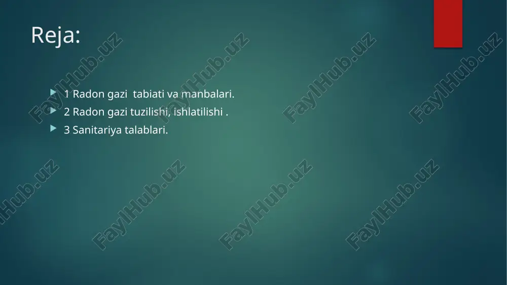 lay parchalanadi. radon bilan davolashga qarshi ko’rsatmalar spa-davolash uchun bo’lgan yangi protseduralar: sil kasalligi; yuqumli kasalliklar; qon kasalliklari; ruhiy kasalliklar; homiladorlik (barcha bosqichlar). progressiv keksalik zaifligi. keksalikda suv protseduralaridan foydalanishning maqsadga muvofiqligi masalasi alohida va asosan yurak-qon tomir tizimining holatiga qarab hal qilinadi.o’tkir va o’tkir bosqichdagi barcha kasalliklar radon gazi tuzilishi va ishlatilishi radon barcha jinslarda va tuproqlarda mavjud ularningtabiiy radiaktiv parchalanishi paytida hosil bo’ladi. radon hidsiz, rangsiz va tamsiz radiaktiv gazdir. radon barcha jinslar va tuproqlarda on suvda ham bo’lishi mumkin. radon tuproqdan havoga chiqarilganda u parchalanadi. radon – atom raqami 86 bo’lgan d.i. mendeleevning kimyoviy elementlar davriy tizimininng oltinchi davrining 18- guruhning kimyoviy elementi. u radioaktiv, barqaror izatoplarga ega emas, sog’liq uchun xavf tug’dirishi mumkin. xona haroratida u eng og’ir gazlardan biri. radonning en barqaror izatopi 222rn bo’lib, uning yarim yemrilish davri 3,8 kun. elektron qobiq diagrammasi uran- 238 ning radioaktiv qatori radonni olish uchun havo radiy-226 ning …