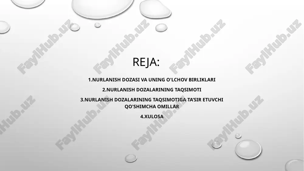 tabiiy radiatsiya oladi: - kosmik (~0.4 msv/yil) - yer (~0.5 msv/yil) - radon (~1.2 msv/yil) nurlanish xavfi - past dozalar: uzoq muddatli ta’sir (saraton). - yuqori dozalar: radiatsion kasalliklar. masalan, 1000 msv yuqori xavf tug‘diradi. nazorat va xavfsizlik radiatsiya xavfsizligini ta’minlash uchun: - me’yorlar belgilangan - himoya vositalari - xavfsizlik belgilarini joylashtirish - ish vaqtini cheklash atom raqami:yuqori atom raqamiga ega bo’lgan materiallar (masalan,suyak to’qimasi) past atom raqamiga ega bo’lgan materiallarga (masalan,yumshoq to'qimalar)nisbatan ko’proq nurlanishni yutadi. kompton sochilishi fotonlarning to'qimalar bilan o’zaro ta’siri natijasida yuzaga keladi va nurlanishlarning yo'nalishini o'zgartiradi,bu esa dozaning taqsimotiga ta’sir qiladi. magnit maydon:zaryadlangan zarrachalarning (masalan,elektronlar,protonlar,ionlar harakatiga ta’sir qiladi va dozaning taqsimotini o'zgartiradi.bu xususiyat proton va ion terapiyasida qo'llaniladi xulosa nurlanish hayotimizda mavjud va uni to‘g‘ri boshqarish sog‘lig‘imiz xavfsizligini ta’minlaydi. dozalarning o‘lchovi, taqsimoti va nazorati juda muhim.nurlanish dozalari va ularning taqsimoti bo'yicha o'tkazilgan tahlillar shuni ko'rsatadiki inson organizmiga ta’sir etuvchi ionlovchi nurlanish manbalari turlicha bo’lib,ularning organizmga yetkazadigan …