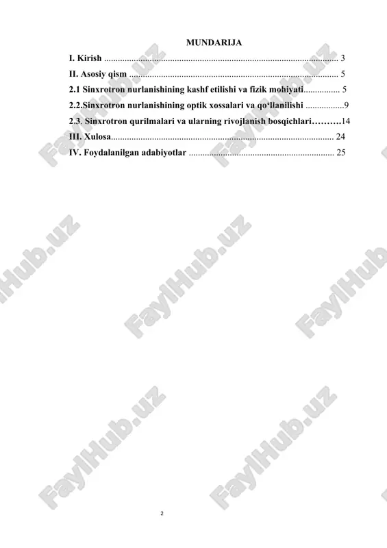 tahlillarni amalga oshirib kelmoqda. mazkur kurs ishida sinxrotron va sinxrotron nurlanishining fizik prinsipi, optik xossalari, matematik modellari hamda ularning zamonaviy ilmiy va amaliy qo‘llanilishi keng yoritiladi. ishning asosiy maqsadi — sinxrotron nurlanishining hosil bo‘lish mexanizmini va uning optika fanidagi ahamiyatini tahlil qilish hamda ushbu sohadagi ilmiy-texnik yutuqlarni o‘rganishdan iborat. kurs ishining dolzarbligi shundaki, sinxrotron nurlanishi yordamida moddalarning atom va molekulyar tuzilishini o‘rganish, tibbiyot, nanotexnologiya, biologiya va materialshunoslik sohalarida yuqori aniqlikka ega ma’lumotlarni olish imkoniyati mavjud. shu sababli, sinxrotron nurlanishi va uning optik xossalarini o‘rganish fizika fanining muhim va istiqbolli yo‘nalishlaridan biri hisoblanadi. 4 ii.asosiy qism. 2.1 sinxrotron nurlanishining kashf etilishi va fizik mohiyati. sinxrotron nurlanishi — bu yuqori tezlikda harakatlanayotgan zaryadlangan zarrachalar magnit maydoni ta’sirida spiral trajektoriyada harakatlanib, nurlanish chiqaradigan fizik hodisadir. sinxrotron nurlanishining kashf etilishi 1947-yilda amerika qo‘shma shtatlaridagi general electric kompaniyasining laboratoriyasida sodir bo‘lgan. bu kashfiyot tasodifan, zarrachalar elektr maydonida tezlashishi natijasida ortiqcha energiya chiqarishi orqali yuzaga kelgan. …