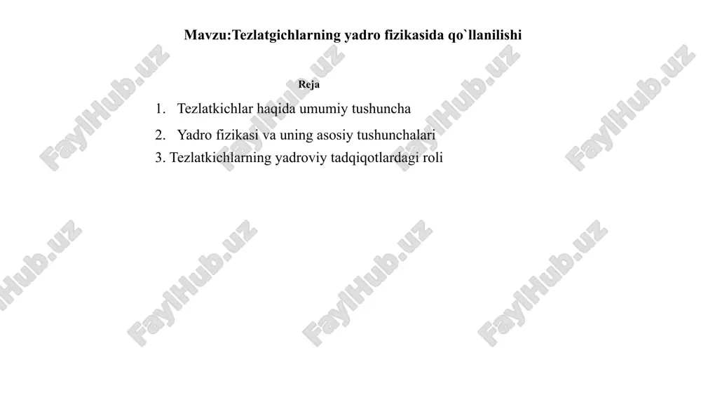 beradi, chunki zarracha sezilmas harakatlanadi. yana bir afzallik shundaki, bir xil quvvatlarda aylana tezlanish chiziqli tezlatkichga qaraganda ancha kichikdir (chiziqli tezlatkich aylana tezlatkich bilan bir xil quvvatga ega boʻlishi uchun juda uzun boʻlishi kerak). zarrachalar tezlatkichi — elektromagnit maydonlardan foydalangan holda zaryadlangan zarralarni yuqori tezlikka tezlashtiradigan va ularni toʻplamda ushlab turadigan qurilmalarning umumiy nomi. katta tezlatkichlar zarrachalar fizikasida kollayderlar sifatida tanilgan. van de graaff elektrostatik tezlatkichining chizmasi tezlatkichlarning ikkita asosiy turi mavjud. elektrostatik tezlatkichlar va vaqt oʻzgaruvchan maydon tezlatkichlari. elektrostatik tezlatkichlar zarrachalarni tezlashtirish uchun statik elektr maydonlardan foydalanadi. ushbu turdagi kichik misol — oddiy televizor qabul qilgichdagi katod nurlari trubkasi chiziqli zarracha tezlatkichi kontseptsiyasining tebranish maydonlari yordamida tasviri yadro fizikasi – fizikaning yadro materiyasining boshqa shakllarini oʻrganish bilan bir qatorda atom yadrolari va ularning tarkibiy qismlari va oʻzaro taʼsirini oʻrganadigan boʻlimi hisoblanadi. yadro fizikasini atom fizikasi bilan chalkashtirib yubormaslik kerak. yadro fizikasi atomni, shu jumladan uning elektronlarini ham oʻrganadi. yadro …