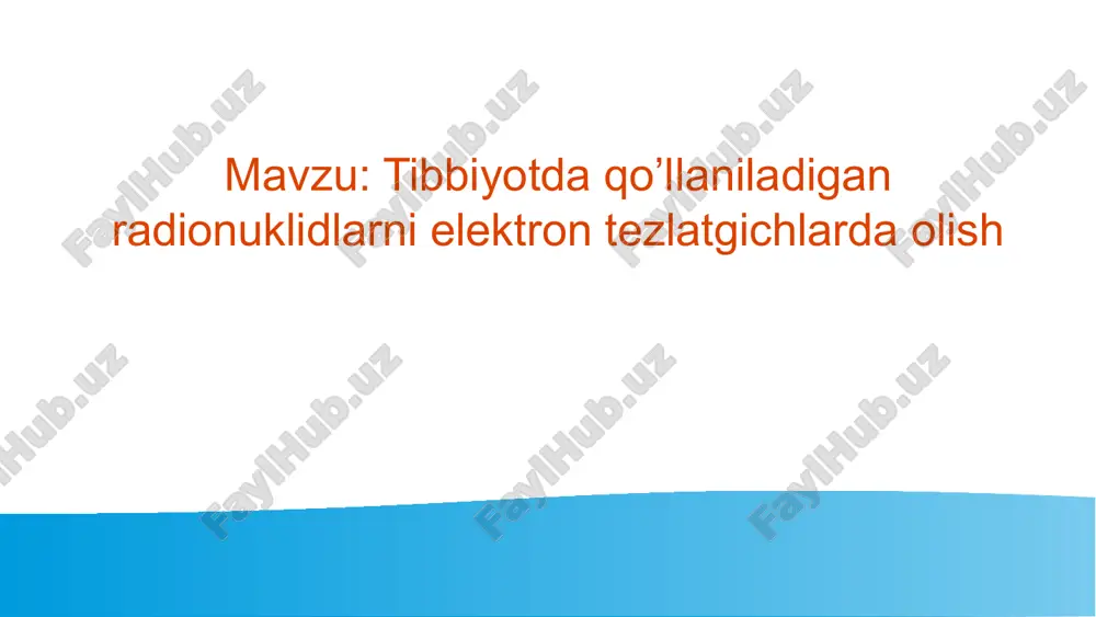 metabolik faollikni, xususan onkologiyada aniqlash uchun ishlatiladi.  tibbiyotda diagnostik tasvirlash va terapiyalarda qo’llaniladi  yod-131: qalqonsimon bez saratoni va gipertiroidizmni davolashda qo’llaniladi.  ittriy-90: ba’zi saraton turlarini davolashda qo’llaniladi. 10 tezlatgichlar va ularning turlari  chiziqli tezlatgichlar  siklotron  mikrotron  zarrachalar tezlatgichlari- bu elektr maydonlari yordamida elektr zaryadiga ega bo’lgan zarrachalarni juda yuqori tezliklargacha tezlashtirish uchun ishlatiladigan qurilmalardir. magnit maydon esa bu zarrachalarni kerakli traektoriya bo’ylab harakatlantirish uchun qo’llaniladi. 11 mikrotron 12 siklotron 13 chiziqli tezlatgichlar 14 tezlatgichlarda radionuklidlarni olish  zarrachalarni tezlashtirish  nishonni nurlantirish  yadro reaksiyalari  radionuklid ishlab chiqilishi 15 tibbiyotda tezlatgichlarda olingan radionuklidlardan nega foydalanamiz?  bunday radionuklidlar ko’pincha tibbiy diagnostika va davolashda ideal noyob xususiyatga ega. yarim parchalanish davri kam bo’lsa bemor radiatsiyaga uchrashi minimallashadi. pet va spect orqali o’smalarni erta aniqlash va davolash mumkin.tezlatgichlar radioaktiv bo’lmagan izotoplarni ishlatib radionuklidlarni hosil qiladi. 16 xulosa tibbiyotda diagnostika va davolash maqsadlarida qo'llaniladigan radionuklidlarni …