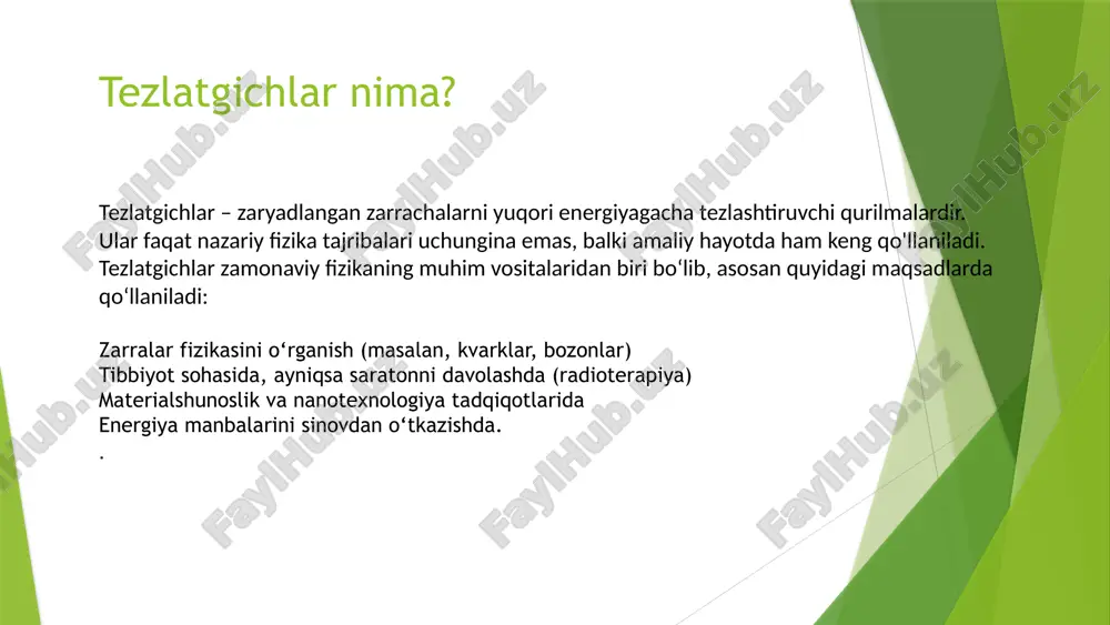 linadi. afzalliklari: •jarrohlik amaliyotiga muqobil •og‘riqsiz va invaziv emas •qayta-qayta bajarish mumkin •qisqa muddatli seanslar orqali uzoq muddatli natijalar proton terapiyasi proton terapiyasi — bu yuqori energiyali proton zarralari yordamida saraton hujayralarini davolash usuli bo‘lib, zarrachalar tezlatgichlari (ayniqsa sinxrotron yoki siklotronlar) orqali amalga oshiriladi. proton terapiyasi — aniqligi yuqori, sog‘lom to‘qimalarga minimal zarar yetkazadigan zamonaviy nurlantirish usulidir qanday ishlaydi? •tezlatgich protonlarni juda katta tezlikka yetkazadi. •protonlar maxsus tizim orqali aniq tumor joyiga yo‘naltiriladi. •energiya faqat o‘simta joyida (bragg cho‘qqisida) maksimal darajada bo‘ladi. •natijada atrofdagi sog‘lom hujayralar deyarli zarar ko‘rmaydi. bu xususiyat uni ayniqsa bolalar va nozik organlar (miya, orqa miya) uchun ideal qiladi. pet va spect diagnostikasi pet (pozitron emissiyali tomografiya) va spect (yagona foton emissiyali kompyuter tomografiyasi) — bu zamonaviy yadro diagnostika usullari bo‘lib, tananing ichki faoliyatini real vaqt rejimida vizual ko‘rsatadi. ushbu usullar tezlatgichlar yordamida yaratilgan radioaktiv izotoplar asosida ishlaydi. pet – pozitron emissiyali tomografiya •tezlatgich (odatda siklotron) …