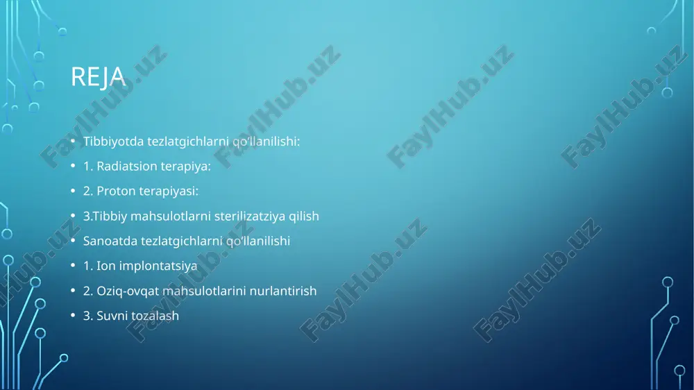 araganda kompaktroq, energiya tejamkor va samaraliroq hisoblanadi. asosiy xususiyatlari: supero‘tkazuvchan magnitlar: an’anaviy mis magnitlar o‘rniga supero‘tkazuvchan materiallar ishlatiladi. kichik o‘lcham va ixchamlik: katta proton terapiya markazlari uchun alohida bino qurishga hojat qolmaydi. past energiya sarfi: doimiy tok emas, faqat magnit maydonni yaratishda energiya sarflanadi. sinkrotron (synchrotron) ishlash prinsipi: protonlar spiral yo‘ldan harakatlanib, har aylanishda energiyasi ortadi. afzalligi: proton energiyasini keng diapazonda o‘zgartirish mumkin – bu esa turli chuqurlikdagi o‘simtalarni davolashga imkon beradi. kamchiligi: katta hajmli va murakkab tuzilmali. aksariyat proton terapiya markazlarida siklotron yoki sinkrotron ishlatiladi. bu qurilmalar tibbiyotda aniq, xavfsiz va samarali proton nurini yetkazish imkonini beradi. xulosa oʻrnida sanoatda tezlatgichlarni qoʻllanilishi ion implantatsiyasi – bu moddaning (odatda yarim o‘tkazgich materialining) yuzasiga yuqori energiyali ionlar oqimini yo‘naltirish orqali ularning fizik yoki kimyoviy xossalarini o‘zgartirish usulidir. tezlatgich turlari ion implantatsiyada: van de graaff tezlatgichlari – elektrostatik, past energiyali implantatsiyalar uchun. radiochastotali liniyaviy tezlatgichlar (rf linac) – yuqori tezlik va katta …