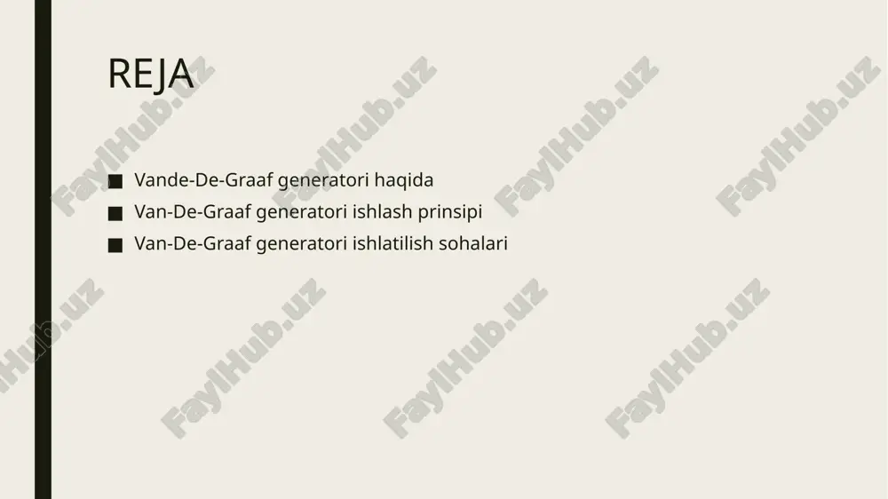 (harakatlantiruvchi motor) bu motor zaryad tashuvchi lentani aylantirib turadi. zaryadlar aynan ushbu harakat orqali yuqoriga yetkaziladi. 6. target (nishon) tezlatilgan ionlar aynan shu joyga uriladi. tajriba yoki tahlil natijalari nishondagi reaksiyalarga qarab o‘rganiladi. 7. controllable spray voltage (boshqariladigan purkash kuchlanishi) bu qurilma yordamida zaryadlar lentaga purkaladi (elektr zaryad hosil qilinadi). kuchlanish miqdori nazorat qilinadi. 8. spray points (purkash nuqtalari) bu nuqtalarda zaryadlar lentaga o‘tkaziladi. odatda metall ignalar shaklida bo‘ladi. 9. charge conveyor belt (zaryad tashuvchi lenta) izolyatsion materialdan tayyorlangan lenta bo‘lib, zaryadlarni pastdan yuqoriga olib chiqadi. dvigatel yordamida doimiy aylanib turadi. 10. charge remover points (zaryadni olib tashlovchi nuqtalar) lenta yuqoriga chiqqach, zaryadlar bu nuqtalarda terminalga o‘tkaziladi. ular orqali sfera zaryadlanadi. 11. pressure tank (bosim ostidagi idish) butun tizim bosim ostida saqlanadi (odatda gaz bilan to‘ldirilgan), bu esa yong‘in xavfini kamaytiradi va zaryadlarning to‘kilishining oldini oladi asosiy tuzilishi zaryadlovchi lenta (odatda ipak, kauchuk yoki boshqa dielektrik materialdan). havo bilan to‘ldirilgan …
