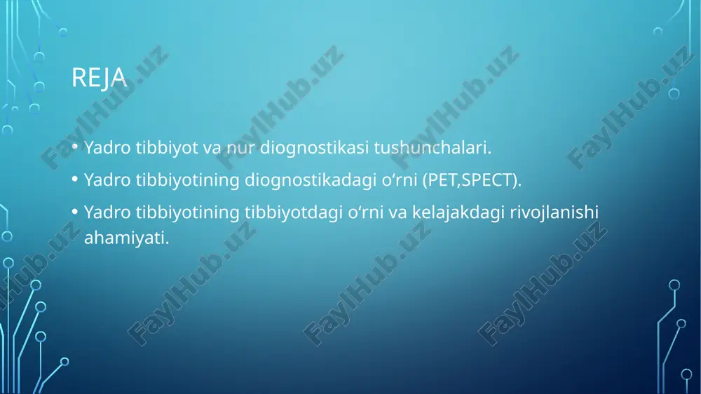 qurishga olib keldi. yadro tibbiyotida radionuklid tana ichiga qabul qilinadi. keyin tashqi detektorlar (gamma kameralar) radionuklidlar chiqaradigan nurlanishdan tasvirlarni oladi va hosil qiladi. bu jarayon diagnostik rentgenga oʻxshamaydi, bu yerda tashqi nurlanish tasvirni shakllantirish uchun tanadan oʻtadi. yadro tibbiyoti sinovlari boshqa sinovlardan farq qiladi, chunki diagnostika testlari kt yoki mri kabi anʼanaviy anatomik tasvirlardan farqli, u birinchi navbatda oʻrganilayotgan tizimning fiziologik funksiyasini koʻrsatadi. yadro tibbiyotining tasviriy tadqiqotlari odatda organ, toʻqima yoki kasalliklarga xos (masalan: oʻpka, yurak skaneri, suyak skaneri, miya skaneri, oʻsimta, infeksiya, parkinson va boshqalar) anʼanaviy rentgenologik koʻrishga qaraganda koʻproq. tananing maʼlum bir qismi (masalan: koʻkrak qafasi rentgenogrammasi, qorin / tos aʼzolarining kompyuter tomografiyasi). bundan tashqari, maʼlum hujayra retseptorlari yoki funksiyalari asosida butun tanani tasvirlash imkonini beruvchi yadroviy tibbiyot tadqiqotlari mavjud. masalan, butun tananing pet skanerlari yoki pet/kt skanerlari, indiy oq qon hujayralari skanerlari, va oktreotid skanerlari. yod-123 qalqonsimon bez saratonini baholash uchun butun tanani skanerlash. yuqoridagi tadqiqot umumiy …