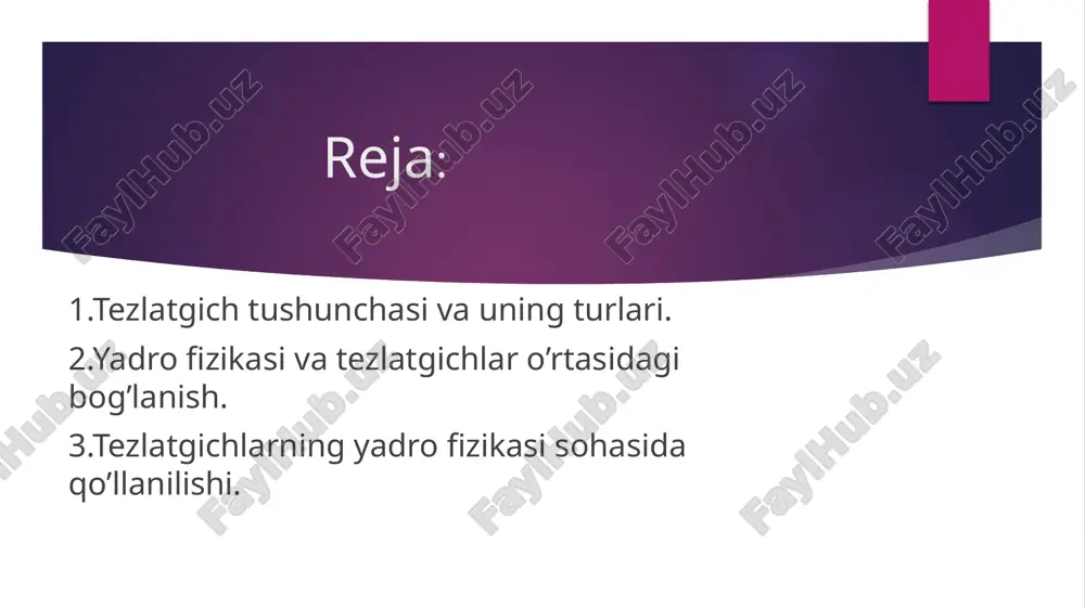 adqiqotlari uchun asosiy vosita bo‘lib, yuqori energiyali zarralarni hosil qilib, ularning o‘zaro ta’siri va yadrolar bilan to‘qnashuvini o‘rganish imkonini beradi. yadro fizikasi instituti tezlatgichlar yadro fizikasida zaruriy vosita bo‘lib, ular yordamida yadro reaktsiyalarini o‘rganish, yangi elementlar sintez qilish, energiya ishlab chiqarish va elementar zarralarni tadqiq qilish mumkin. shu sababli, yadro fizikasi va tezlatgichlar bir-birini to‘ldiruvchi va birga rivojlanadigan ilmiy yo‘nalishlar hisoblanadi. tezlatgichlarning yadro fizikasi sohasida qo’llanilishi tezlatgichlar yadro fizikasi sohasida asosiy tadqiqot vositalaridan biri bo‘lib, yuqori energiyali zarralarni hosil qilib, ularning yadrolar bilan o‘zaro ta’sirini o‘rganish imkonini beradi. zarralar tezlatkichlari yadro fizikasi tadqiqotlarining ajralmas qismi bo‘lib, nafaqat ilmiy maqsadlarda, balki tibbiyot, sanoat va energetika sohalarida ham keng qo‘llaniladi. ularning rivojlanishi yangi texnologiyalar va fundamental kashfiyotlarga yo‘l ochadi. yadro fizikasida tezlatkichlar (acceleratorlar) zaryadlangan zarrachalarga yuqori tezlik va energiya berish uchun ishlatiladi. ular elementar zarrachalar va atom yadrolarining tuzilishini o‘rganish, tibbiyot, materialshunoslik, yadroviy energetika va boshqa sohalarda qo‘llaniladi. yadro fizikasi tez rivojlanib …