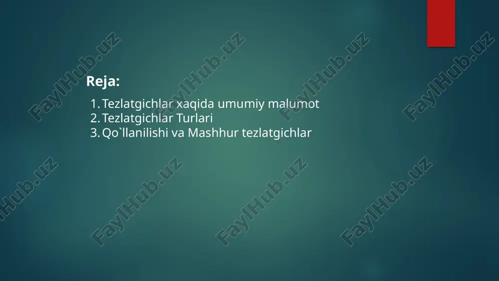 ishda va materialshunoslikda ishlatiladi. van de graaff tezlatgichi yuqori kuchlanishni statik elektr zaryadi orqali hosil qilib zarralarni tezlatadi. ➡️ asosan tajriba laboratoriyalarida foydalaniladi. tezlatgichlarning turlari nurlanish intensivligi intensivlik ta'rifi bu zarrachalar oqimining o'lchovi. zarrachalar soni/sekund. birliklari zarracha/s bilan o'lchanadi. kollayderlarda oshirish intensivlikni magnitlar va to'qnashuv strategiyalari orqali oshirish. synchrotron nurlanishi misol sifatida bu turdagi nurlanish intensivligi ko'rsatiladi. 6 betatron funksiyalari β-funksiyalar roli energetik zarrachalar trayektoriyasining stabilizatsiyasi. magnit fokuslovchi tebranishni kamaytiradi va zarrachalarni markazlashtiradi. betatron tebranishi zarrachalar to'lqin shaklida tebranadi, va bu o'tishda kuzatiladi. nurlanish barqarorligi β-funksiyalar barqaror energiyalashni ta'minlaydi. betatron (beta + elektrondan) — bu aylanishli elektr maydoni yordamida tezlanish sodir bo‘ladigan barqaror muvozanat orbitasiga ega bo‘lgan tsiklik, ammo rezonanssiz elektron tezlatgich. betatronda erishish mumkin bo‘lgan maksimal energiya: ≤ 300 mev. 7 elektrostatik va elektromagnit kuchlar tezlatgichlar zarralarga elektr yoki elektromagnit maydon orqali ta’sir qilib ularni tezlashtiradi. ➡️ elektr kuchi – zarrachani to‘g‘ri chiziq bo‘ylab harakatlantiradi ➡️ magnit kuchi – …